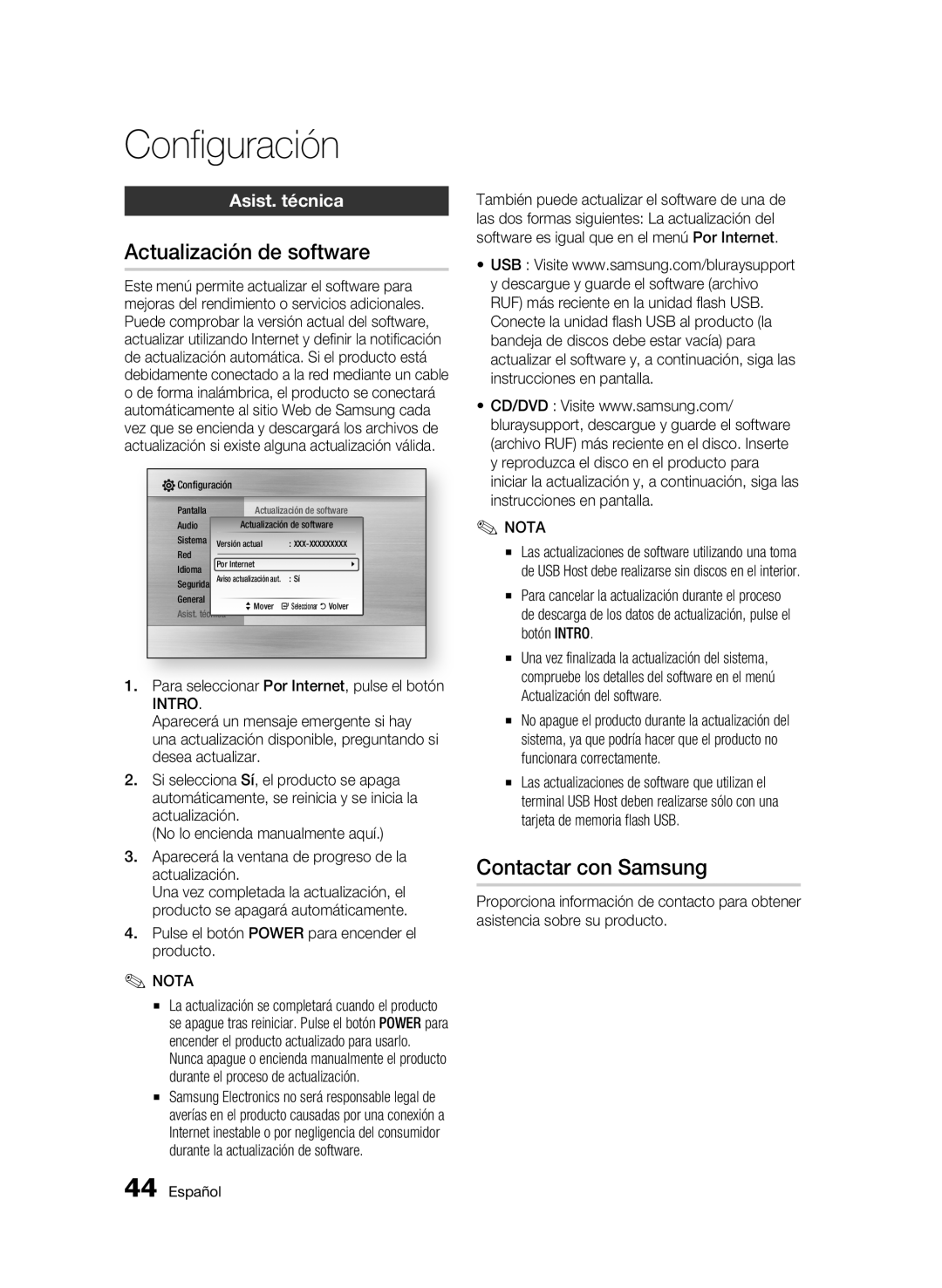 Samsung BD-C6900/XEE, BD-C6900/XAA, BD-C6900/XEF manual Actualización de software, Contactar con Samsung, Asist. técnica 