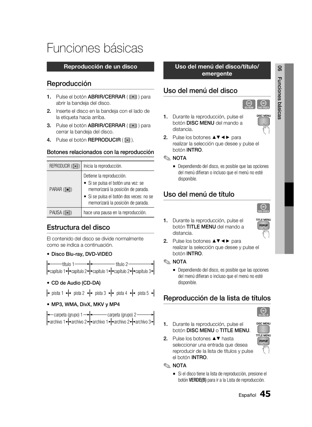 Samsung BD-C6900/XAA, BD-C6900/XEF, BD-C6900/MEA, BD-C6900/XEE manual Funciones básicas 