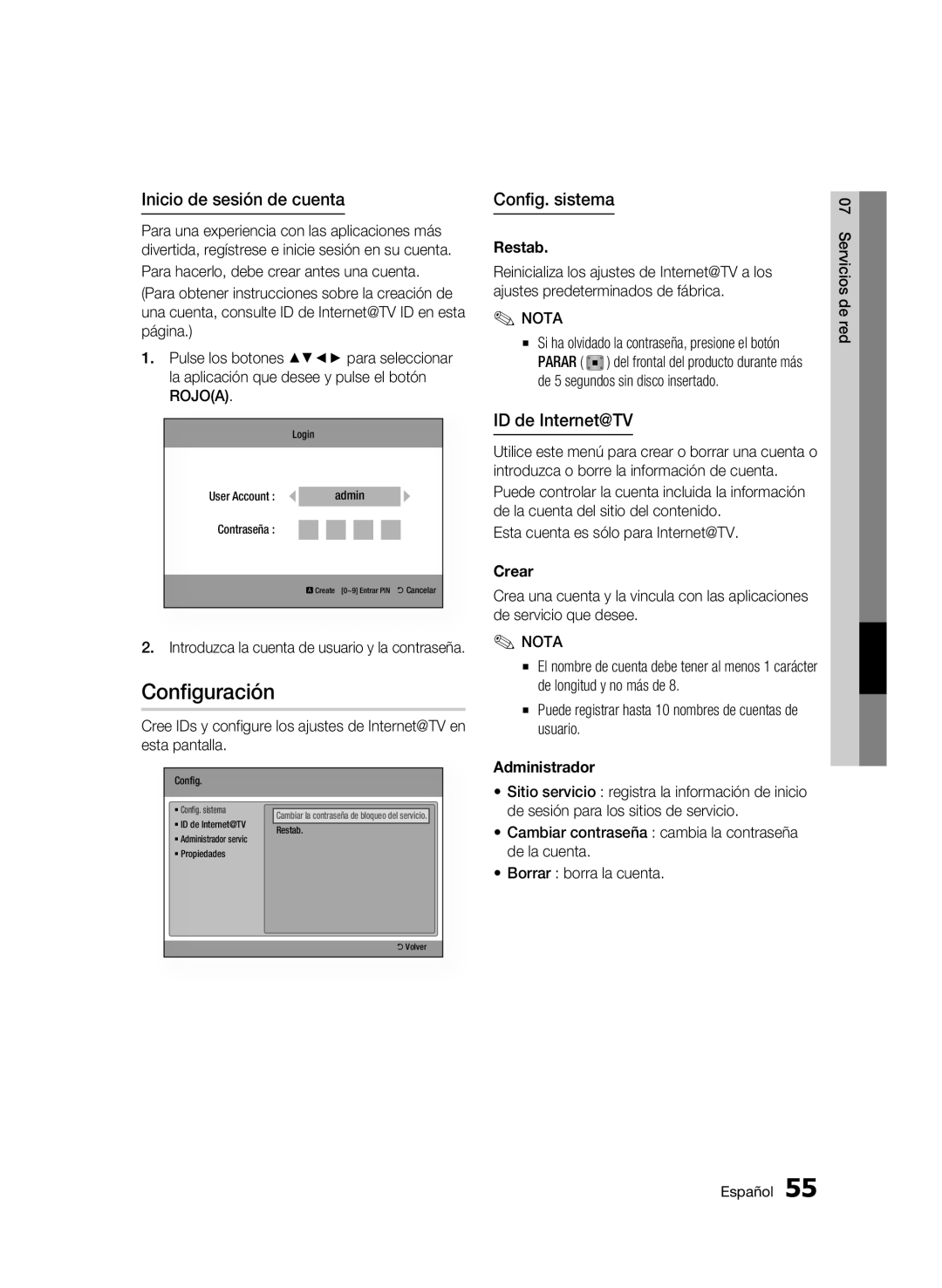 Samsung BD-C6900/XAA, BD-C6900/XEF manual Configuración, Inicio de sesión de cuenta, Config. sistema, ID de Internet@TV 