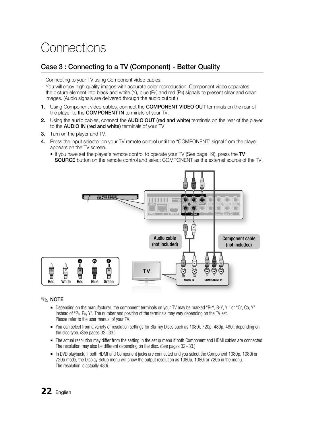 Samsung BD-C6900 Case 3 Connecting to a TV Component Better Quality, Component cable Not included, Resolution is actually 