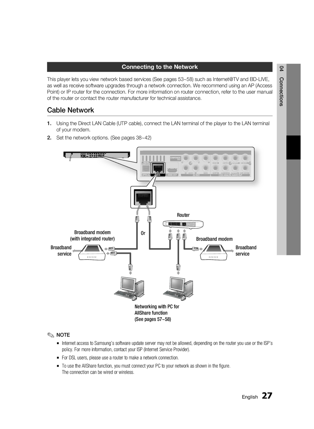 Samsung BD-C6900 user manual Cable Network, Connecting to the Network, Service 