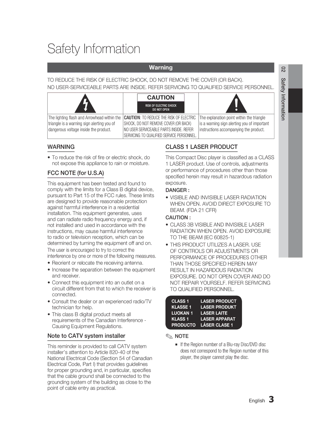 Samsung BD-C6900 user manual Safety Information, FCC Note for U.S.A, Class 1 Laser product 