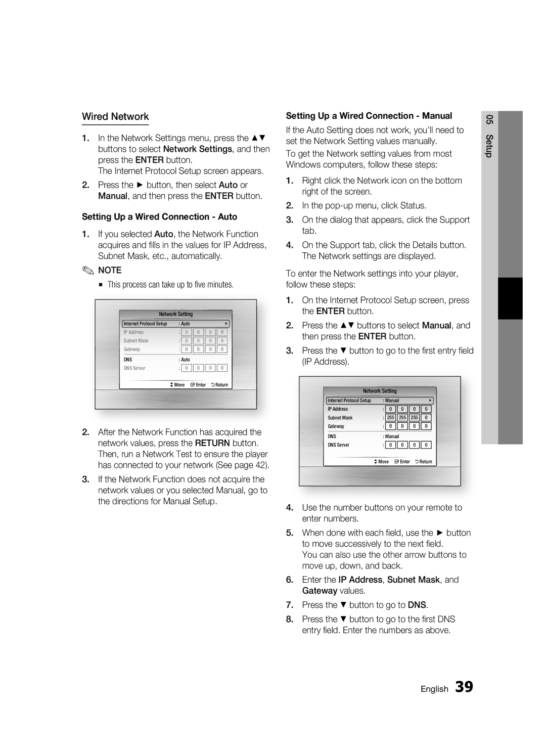 Samsung BD-C6900 user manual Wired Network, This process can take up to five minutes 