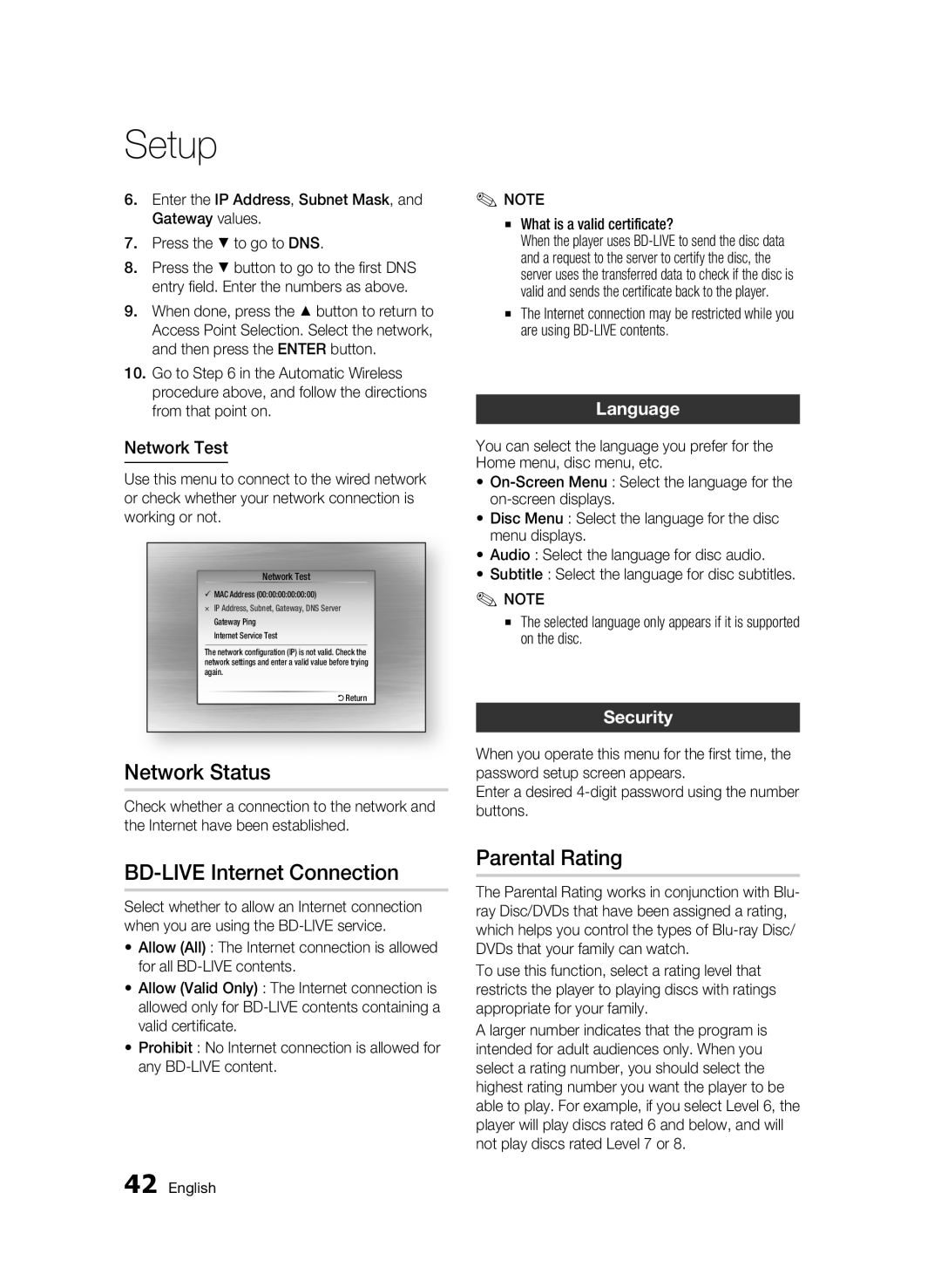 Samsung BD-C6900 user manual Network Status, BD-LIVE Internet Connection, Parental Rating, Language, Security 