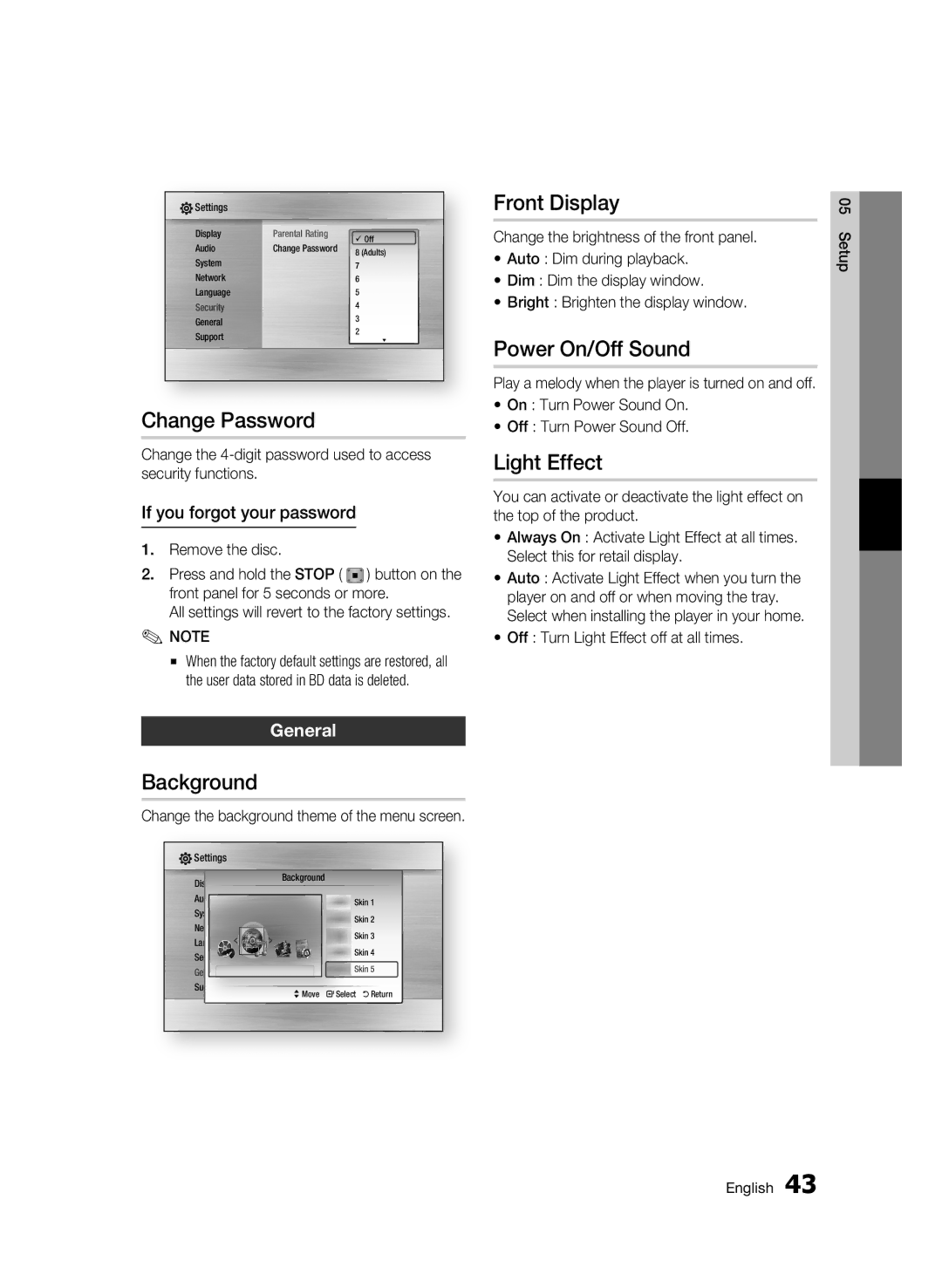 Samsung BD-C6900 user manual Change Password, Background, Front Display, Power On/Off Sound, Light Effect 