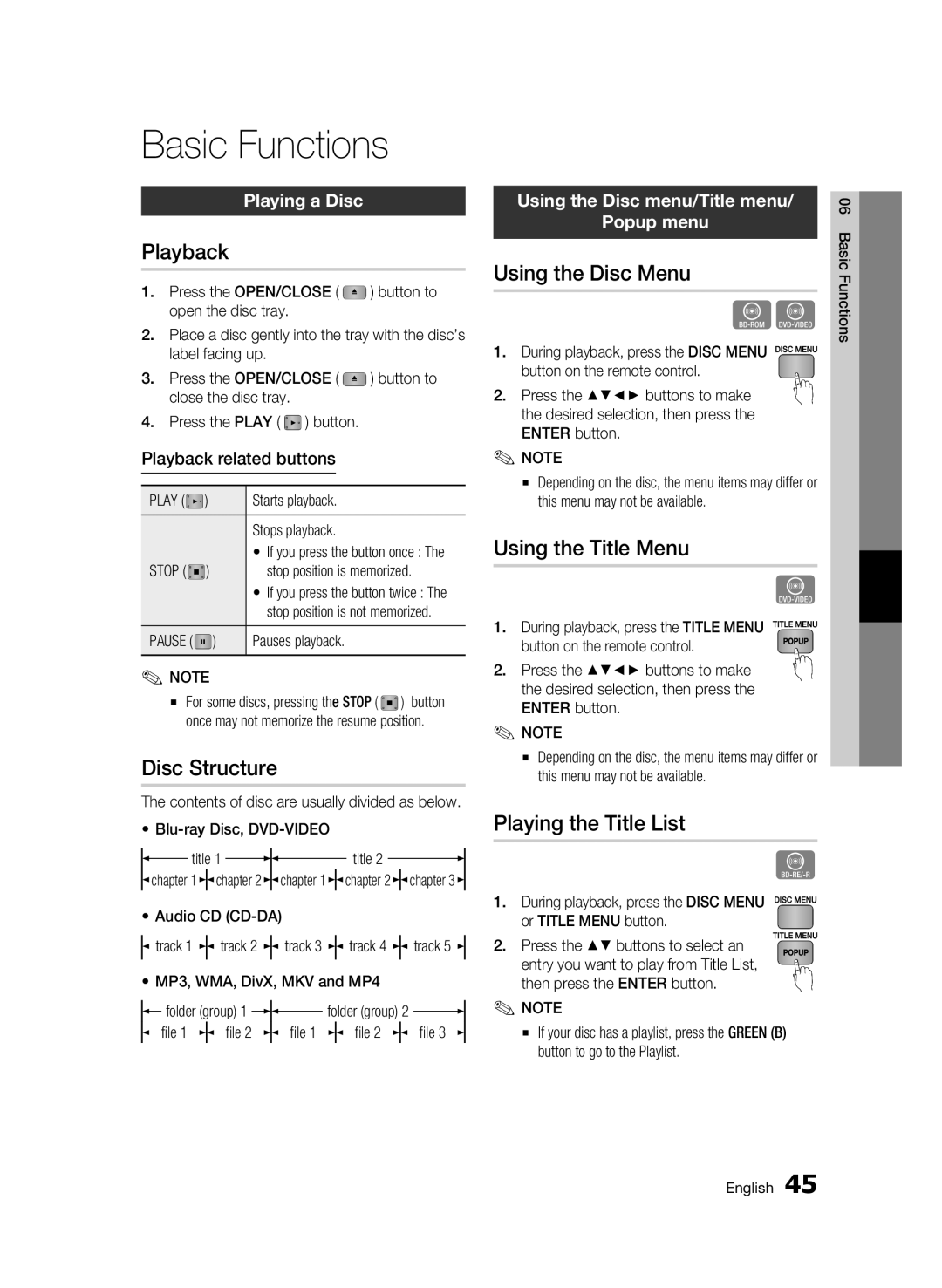 Samsung BD-C6900 user manual Basic Functions 