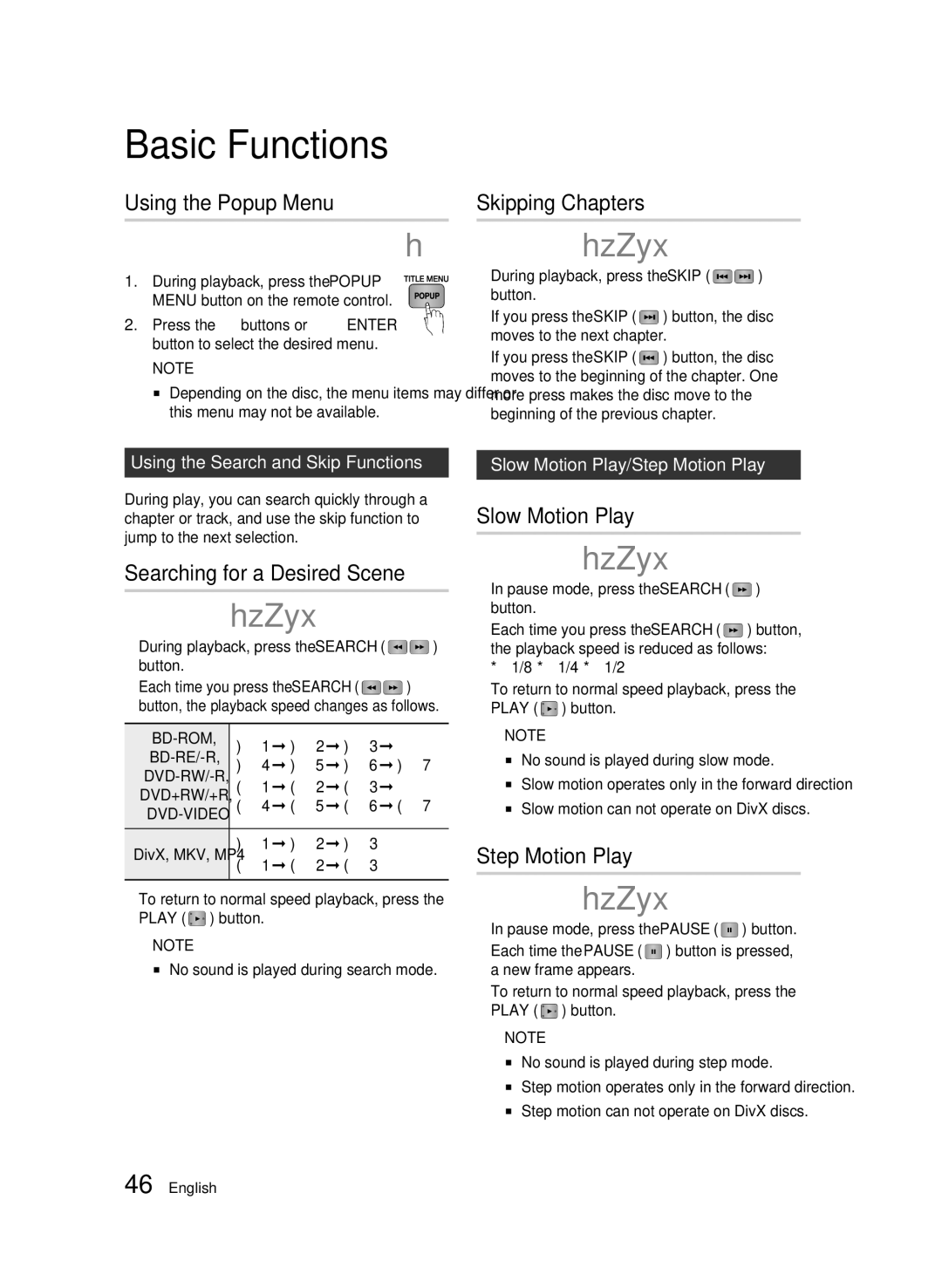 Samsung BD-C6900 user manual Using the Popup Menu, Skipping Chapters, Searching for a Desired Scene, Slow Motion Play 