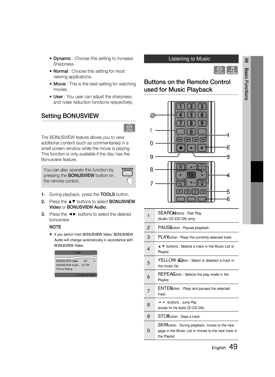 Samsung BD-C6900 user manual Setting Bonusview, Buttons on the Remote Control used for Music Playback, Listening to Music 