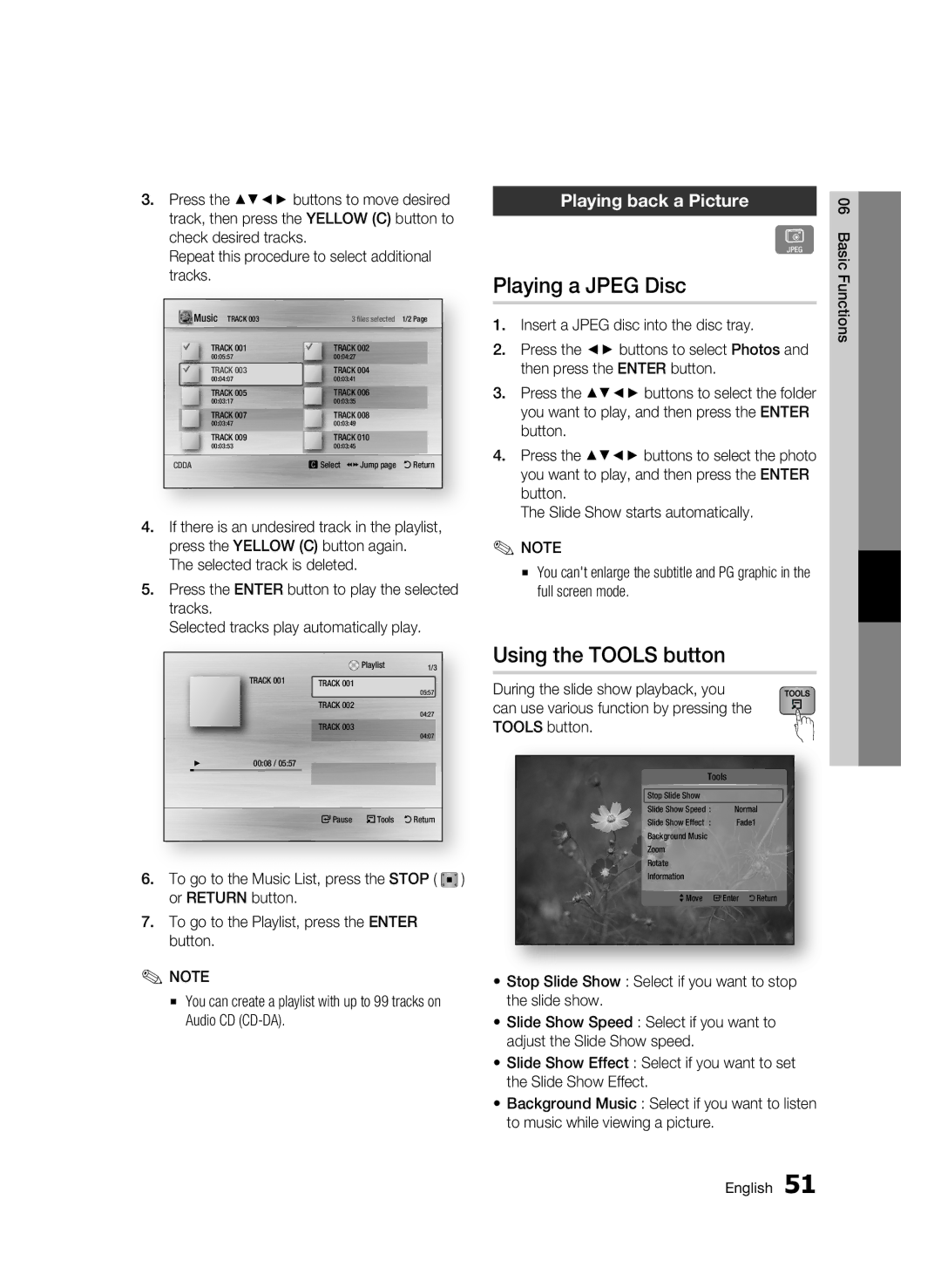 Samsung BD-C6900 user manual Playing a Jpeg Disc, Using the Tools button, Playing back a Picture 