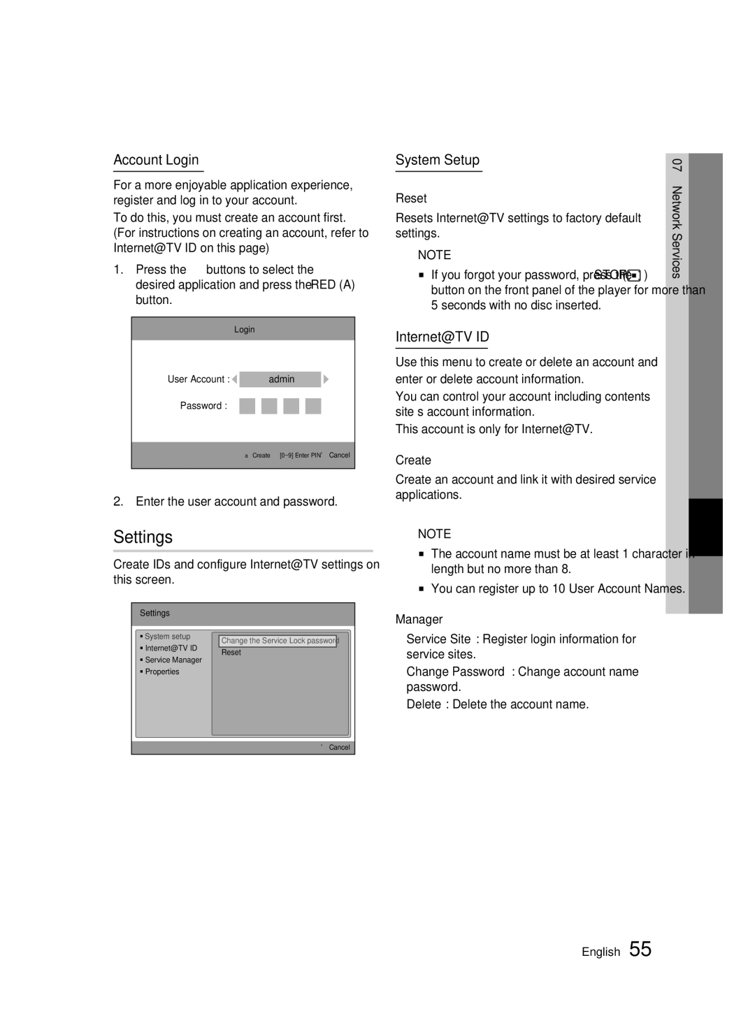 Samsung BD-C6900 user manual Settings, Account Login, System Setup, Internet@TV ID 