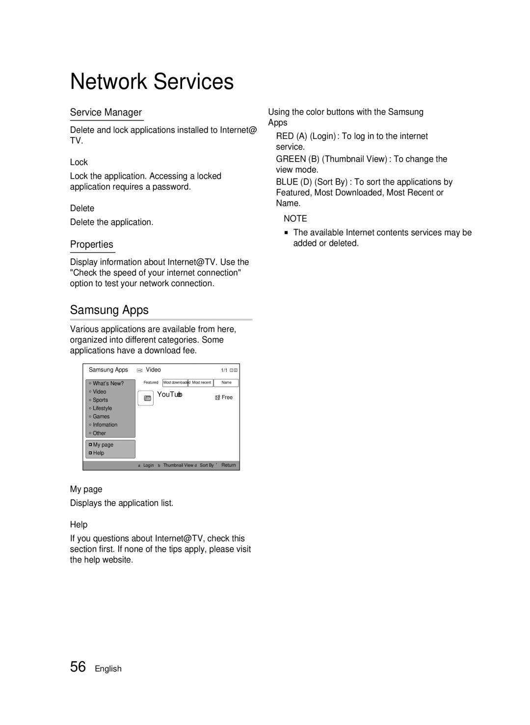 Samsung BD-C6900 user manual Samsung Apps, Service Manager, Properties 