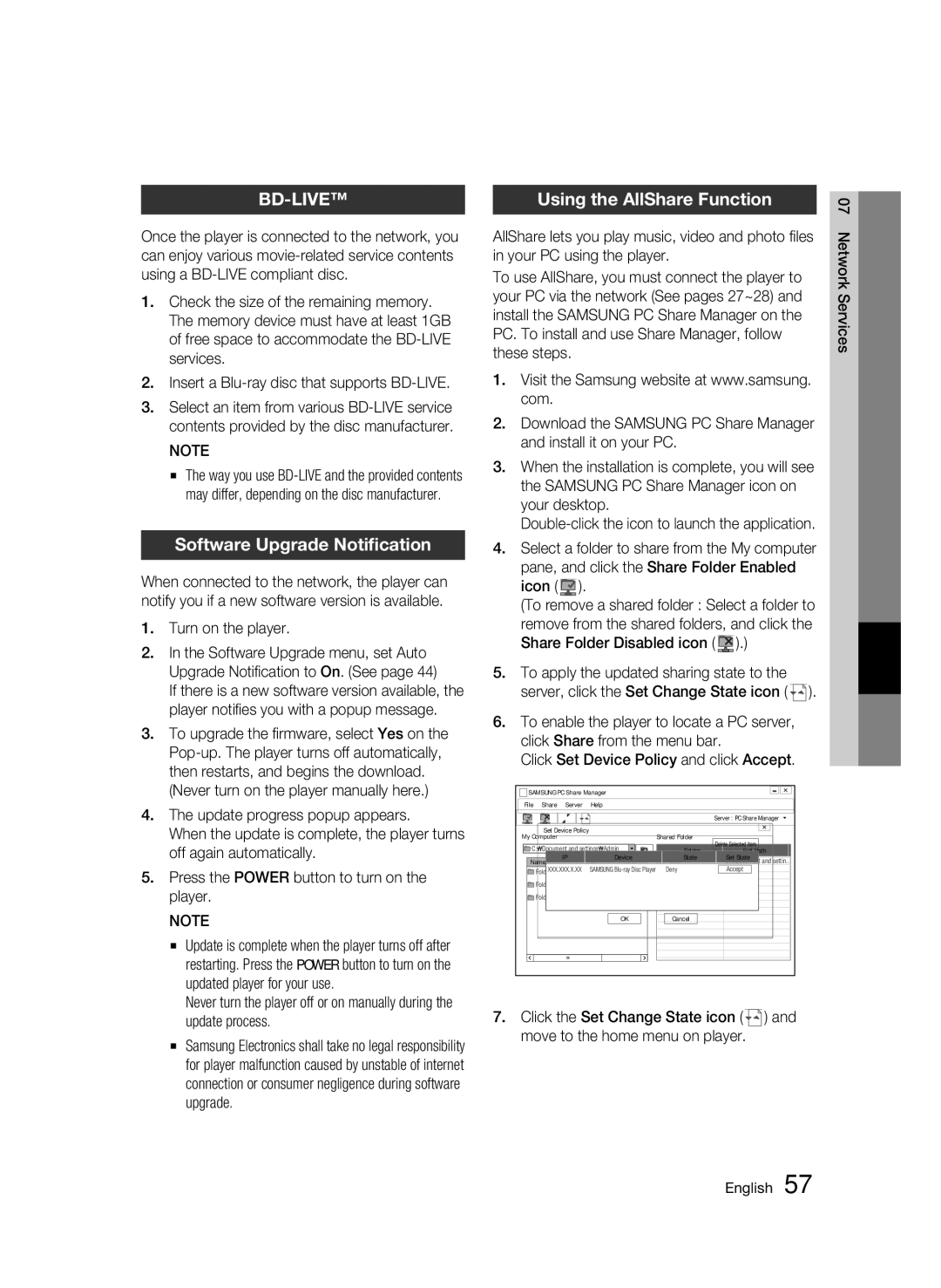 Samsung BD-C6900 user manual Using the AllShare Function 