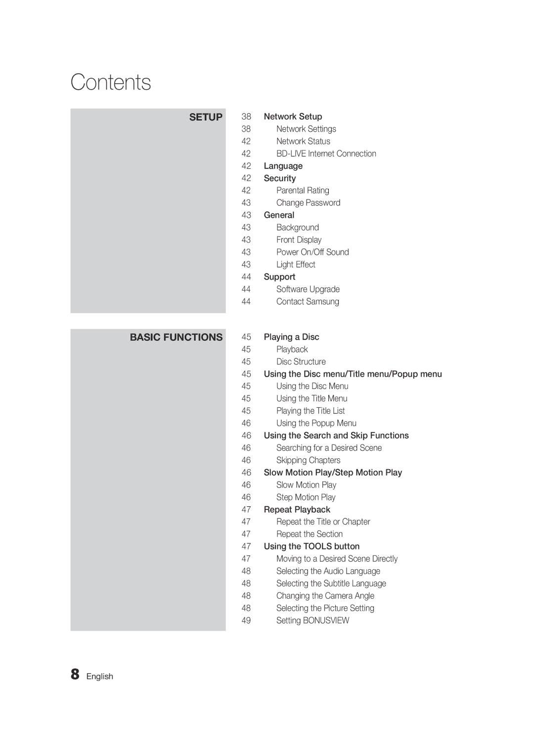 Samsung BD-C6900 Network Setup, Network Settings, Network Status, BD-LIVE Internet Connection, Language, Security, General 