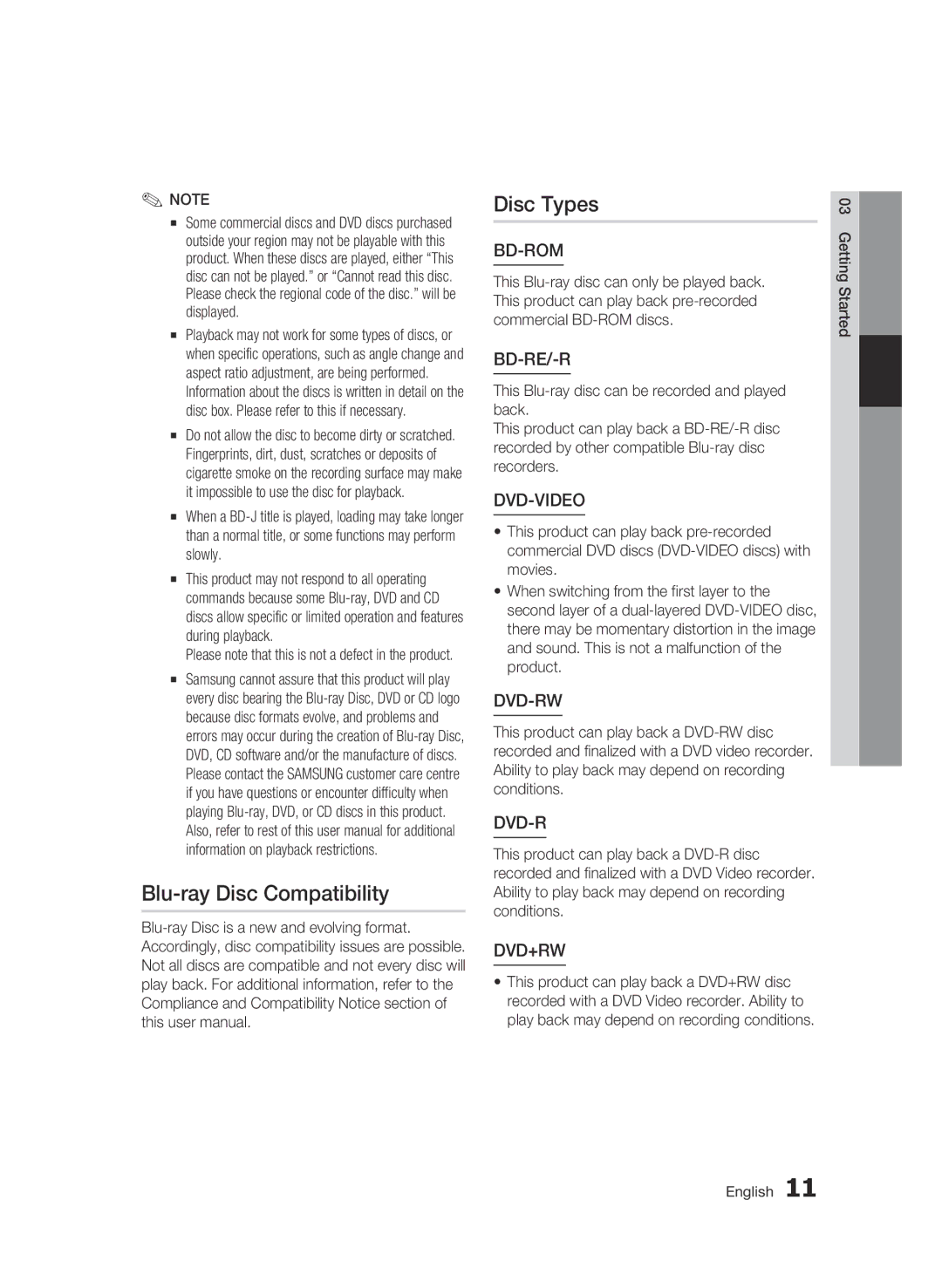 Samsung BD-C6900/XEE, BD-C6900/EDC, BD-C6900/XAA, BD-C6900/XEF manual Blu-ray Disc Compatibility Disc Types, Bd-Rom 