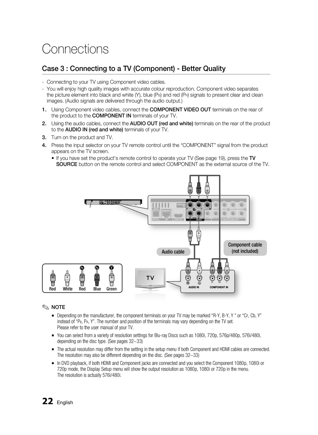 Samsung BD-C6900/XEF manual Case 3 Connecting to a TV Component Better Quality, Audio cable Component cable Not included 