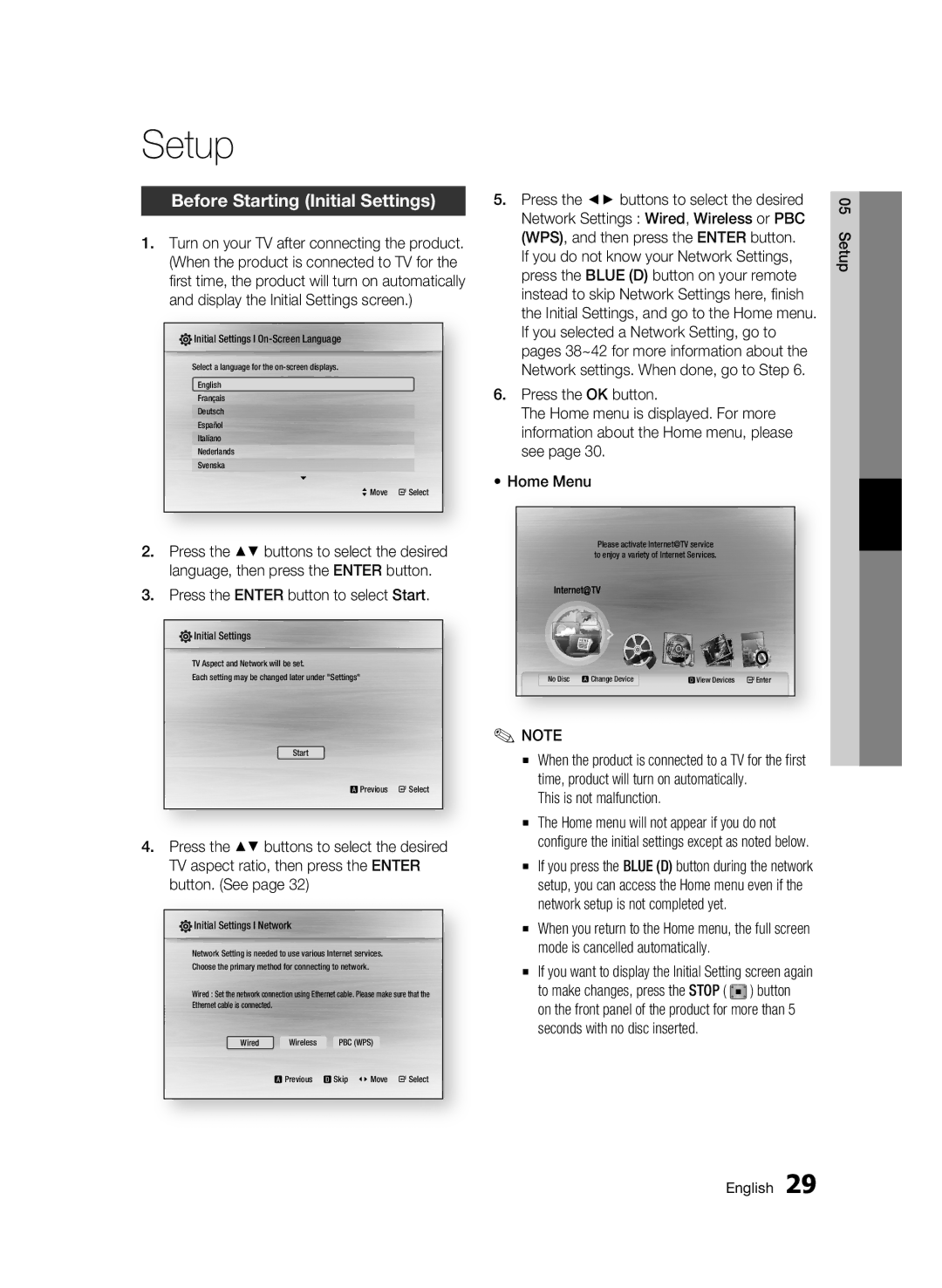 Samsung BD-C6900/XAA, BD-C6900/EDC manual Setup, Before Starting Initial Settings, Press the Enter button to select Start 