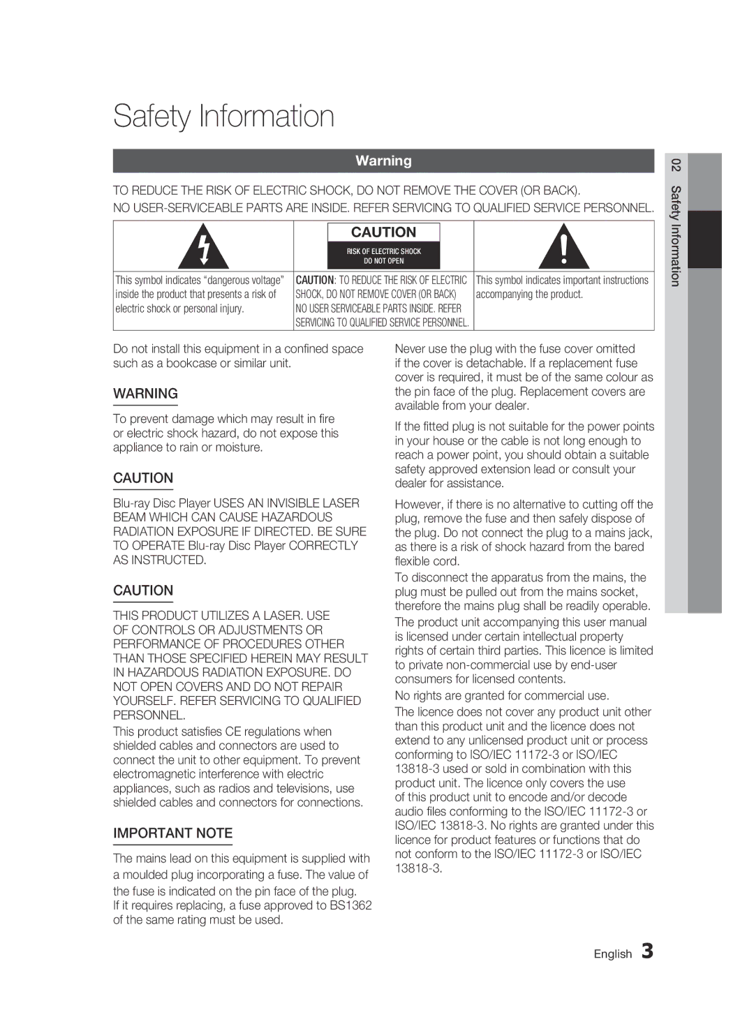 Samsung BD-C6900/XEE, BD-C6900/EDC, BD-C6900/XAA, BD-C6900/XEF manual Safety Information, Important Note 