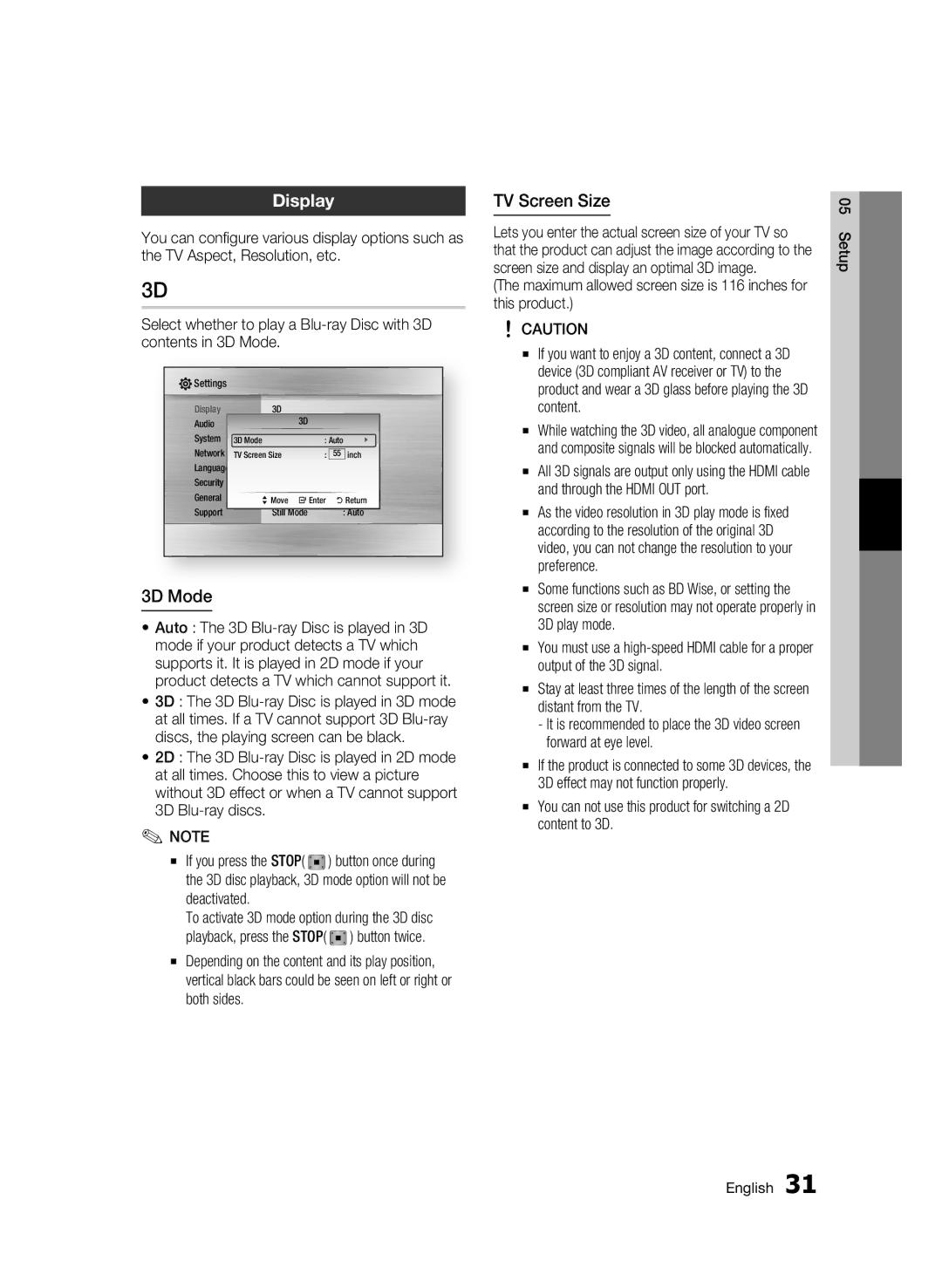 Samsung BD-C6900/XEE, BD-C6900/EDC, BD-C6900/XAA, BD-C6900/XEF manual Display, 3D Mode, TV Screen Size, Deactivated 