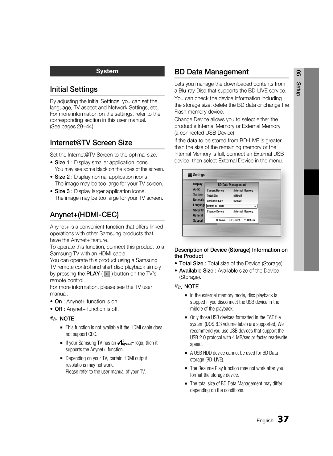 Samsung BD-C6900/XAA, BD-C6900/EDC Initial Settings, Internet@TV Screen Size, Anynet+HDMI-CEC, BD Data Management, System 