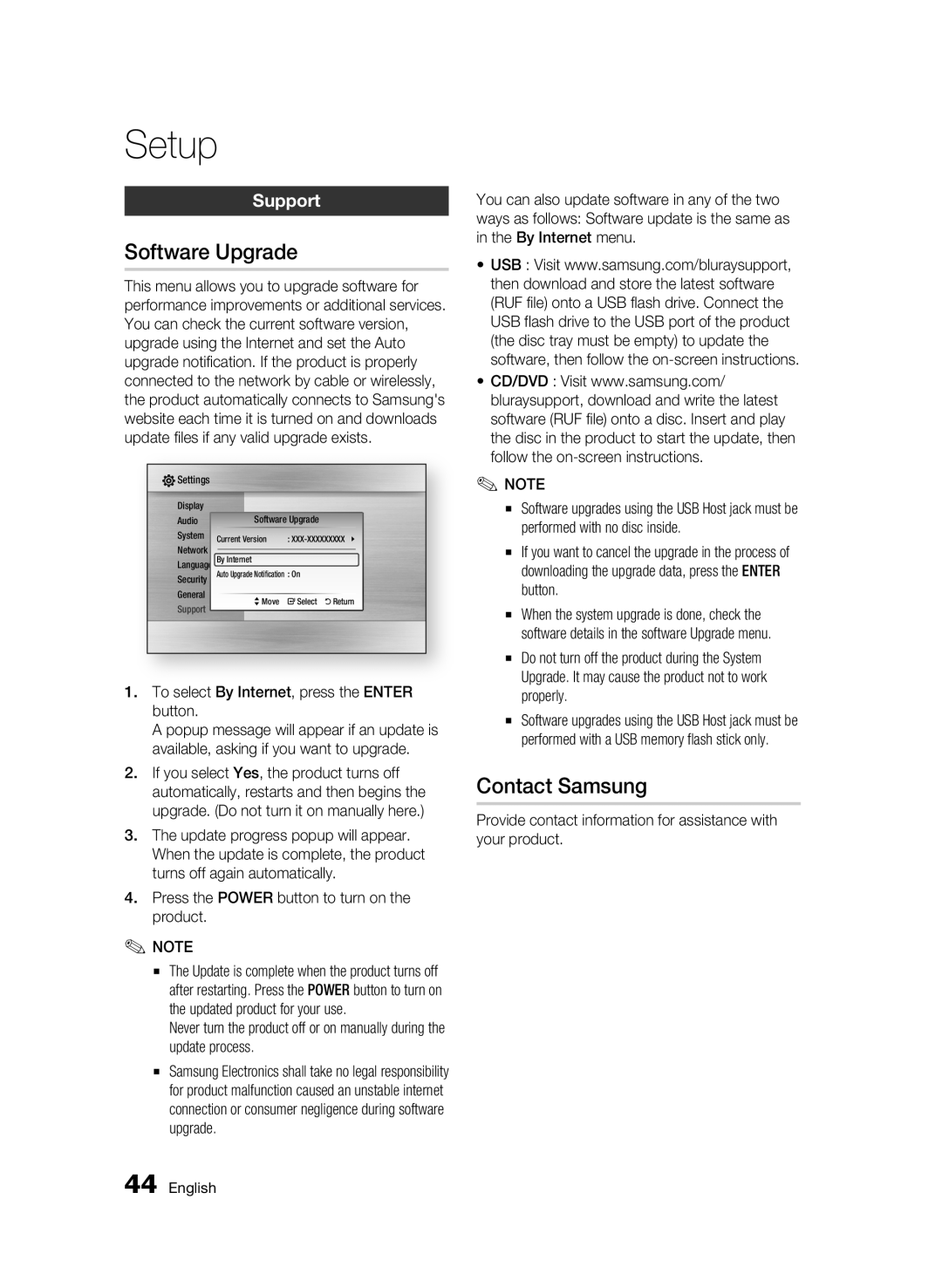 Samsung BD-C6900/EDC manual Software Upgrade, Contact Samsung, Support, To select By Internet, press the Enter button 