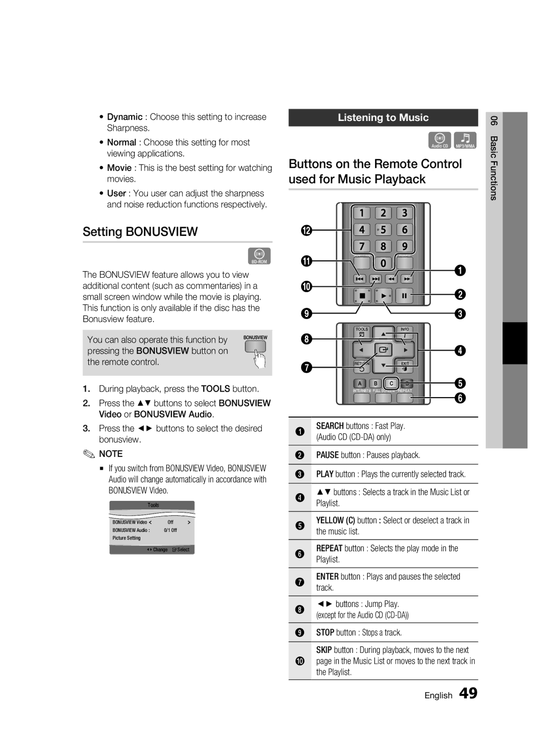 Samsung BD-C6900/XAA manual Setting Bonusview, Buttons on the Remote Control used for Music Playback, Listening to Music 