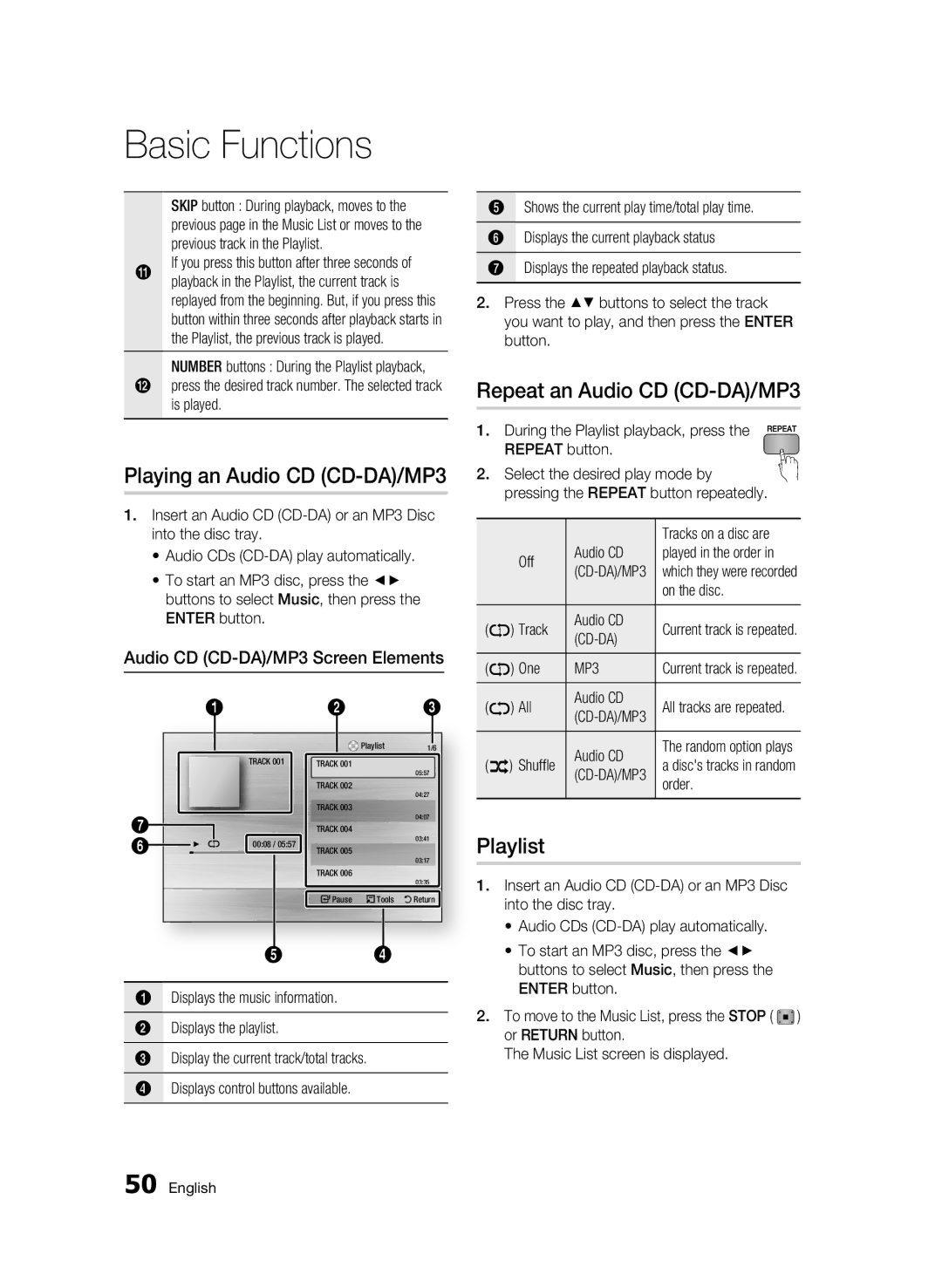 Samsung BD-C6900/XEF, BD-C6900/EDC, BD-C6900/XAA manual Playing an Audio CD CD-DA/MP3, Repeat an Audio CD CD-DA/MP3, Playlist 