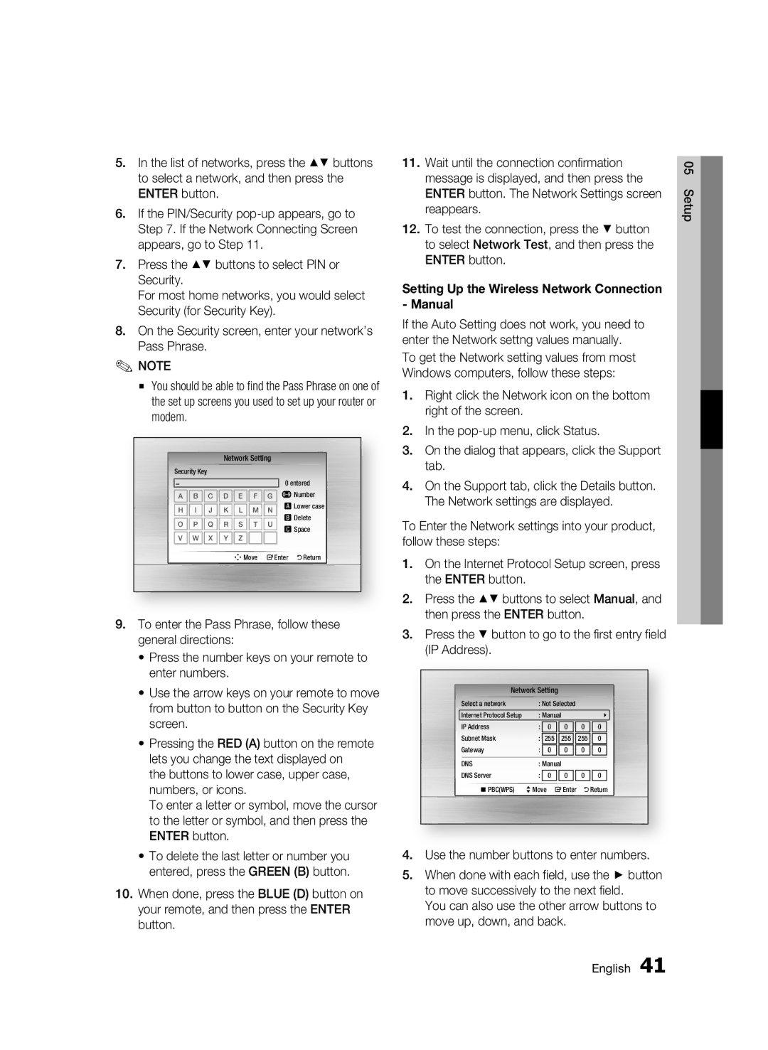 Samsung BD-C6900/MEA manual Setting Up the Wireless Network Connection Manual, Use the number buttons to enter numbers 