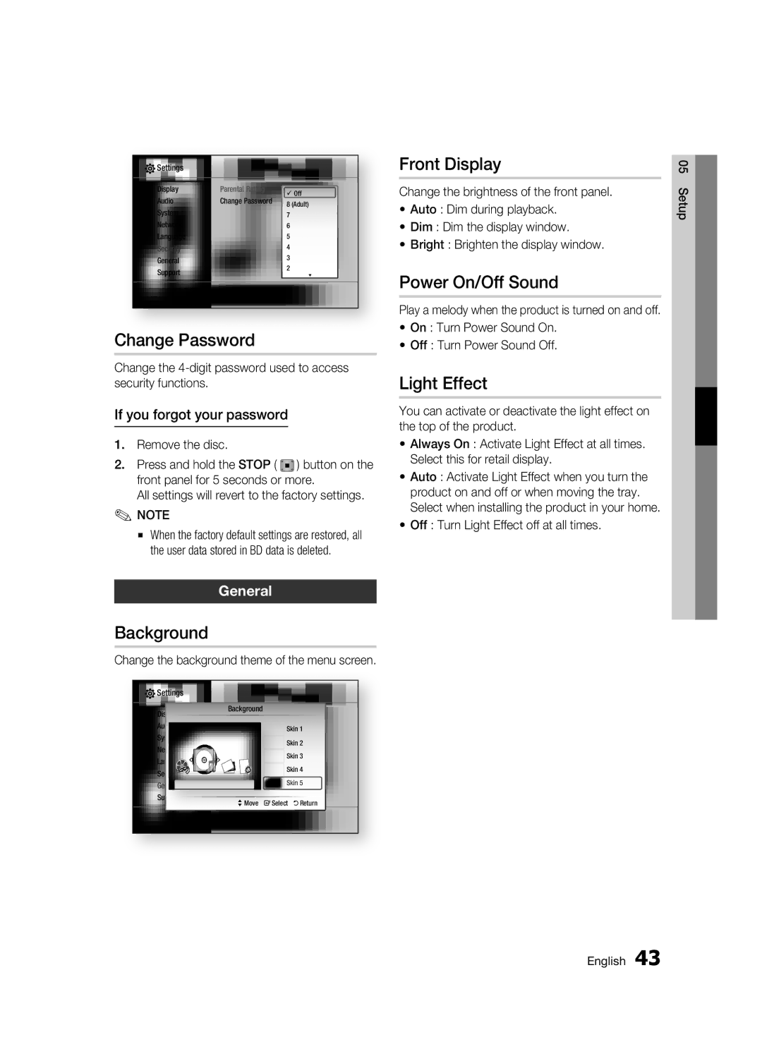 Samsung BD-C6900/LAG, BD-C6900/EDC manual Change Password, Background, Front Display, Power On/Off Sound, Light Effect 