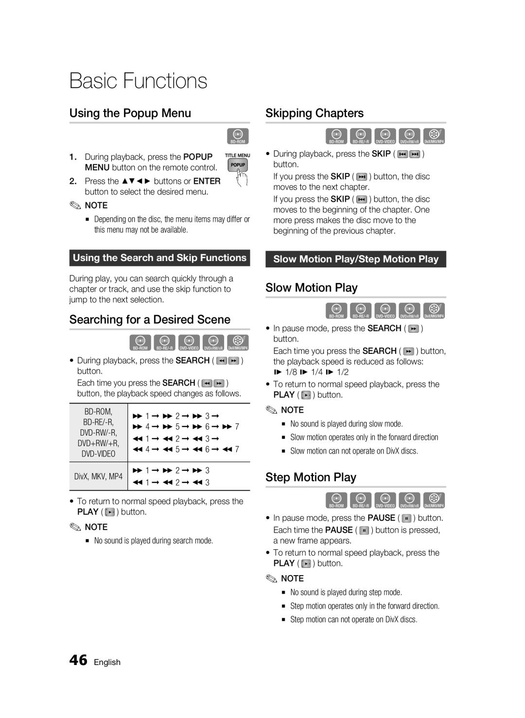 Samsung BD-C6900/OT, BD-C6900/EDC Using the Popup Menu, Searching for a Desired Scene, Skipping Chapters, Slow Motion Play 