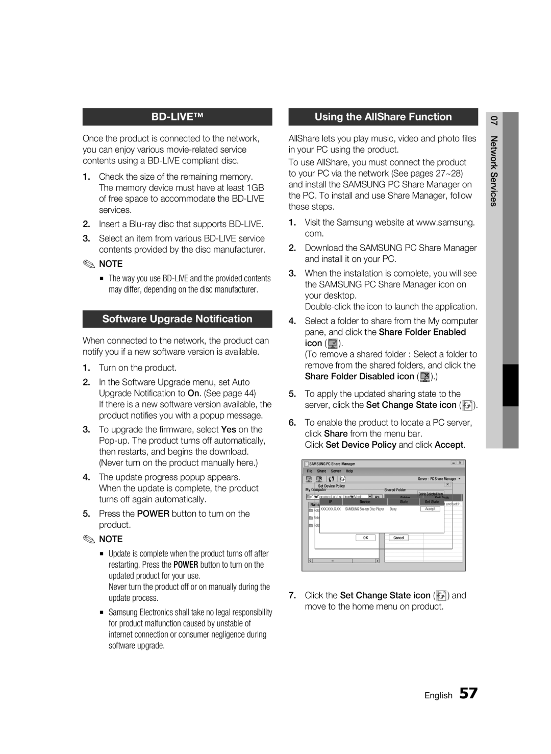 Samsung BD-C6900/HAC, BD-C6900/EDC manual Software Upgrade Notification, Using the AllShare Function, Turn on the product 