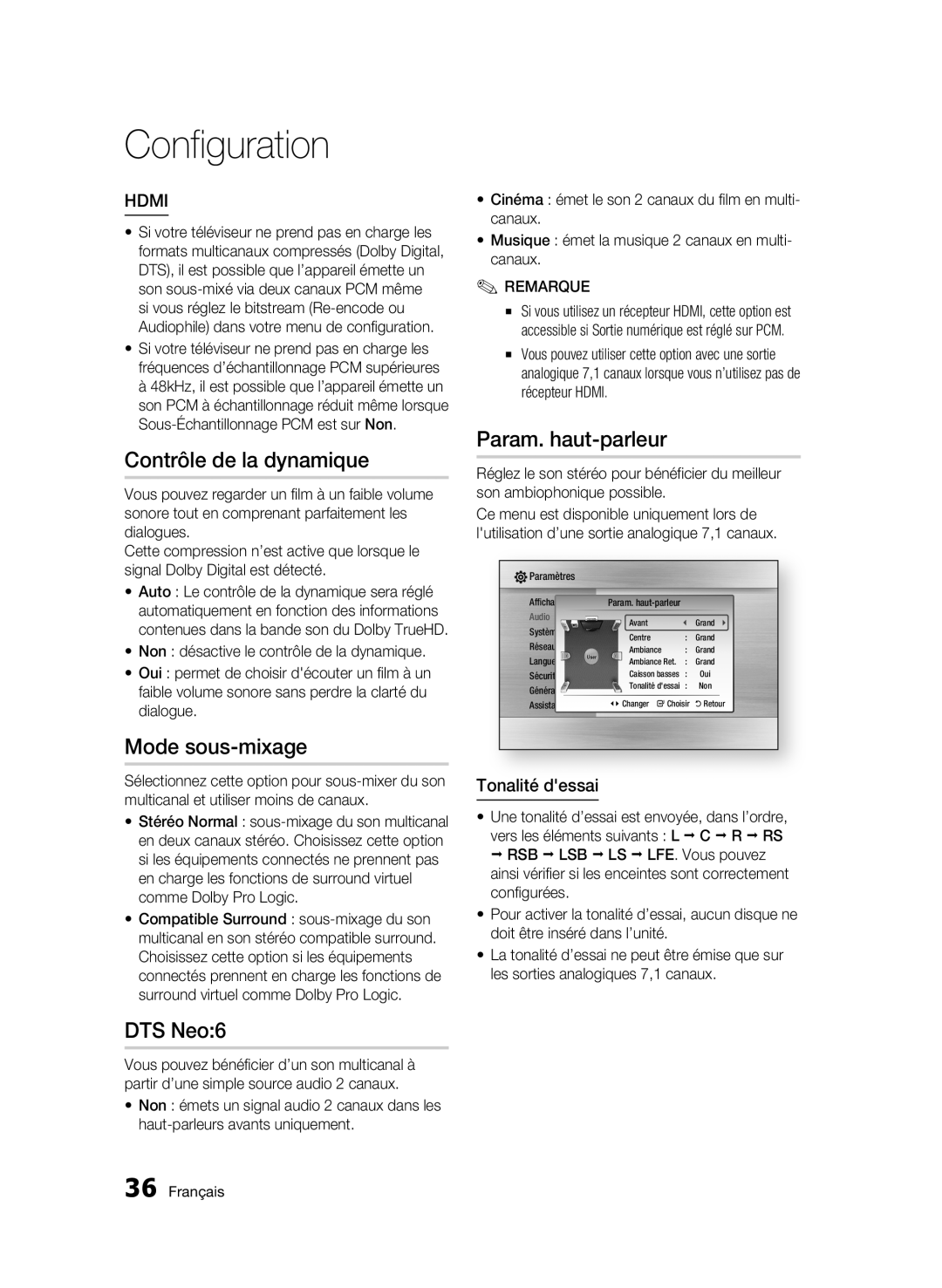 Samsung BD-C6900/XEE, BD-C6900/EDC manual Contrôle de la dynamique, Param. haut-parleur, Mode sous-mixage, Tonalité dessai 