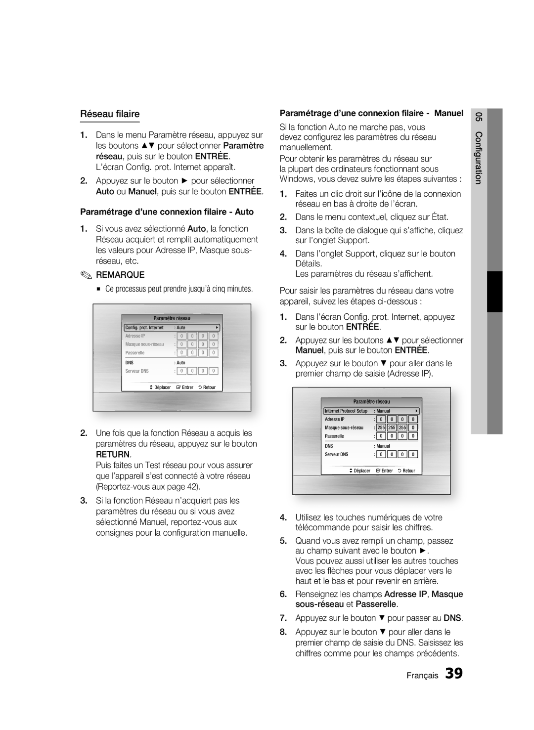 Samsung BD-C6900/XAA, BD-C6900/EDC, BD-C6900/XEN manual Réseau filaire, Paramétrage d’une connexion filaire Auto, Return 