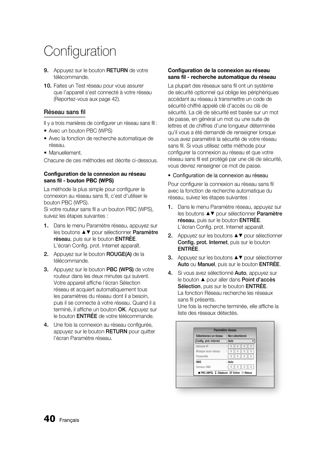 Samsung BD-C6900/XEF, BD-C6900/EDC manual Réseau sans fil, Appuyez sur le bouton Return de votre télécommande, Entrée 