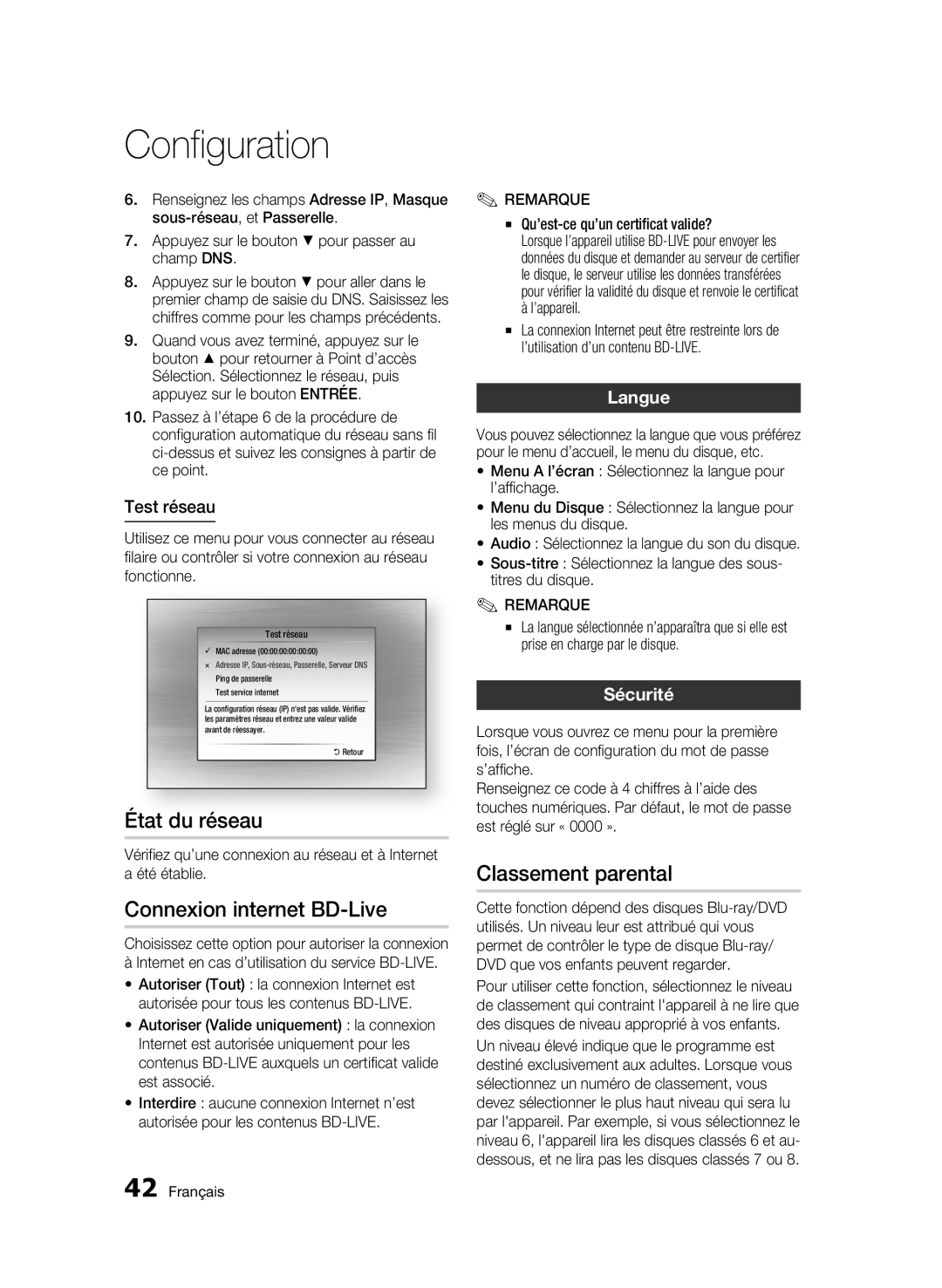 Samsung BD-C6900/EDC, BD-C6900/XEN manual État du réseau, Connexion internet BD-Live, Classement parental, Langue, Sécurité 