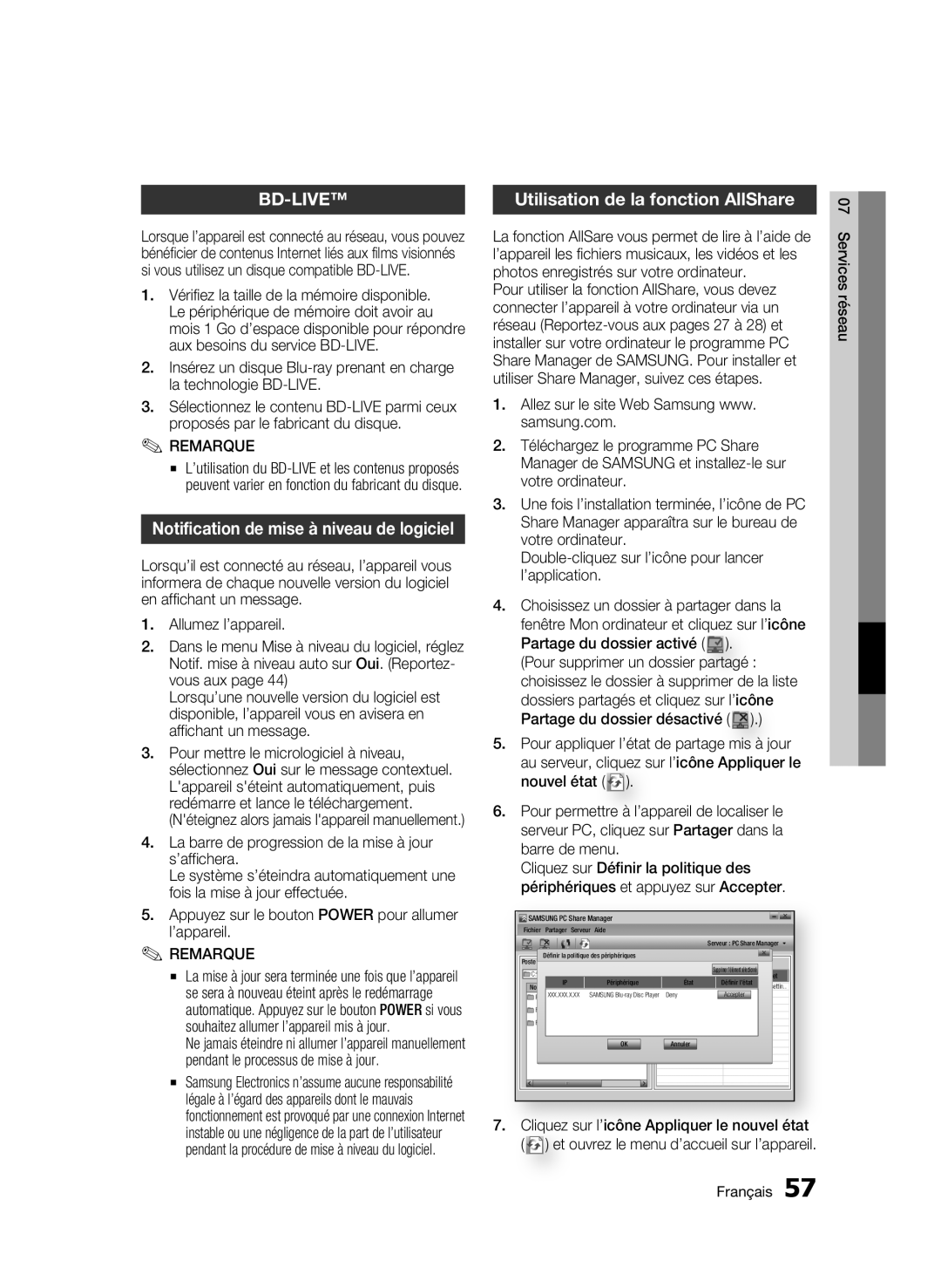 Samsung BD-C6900/EDC, BD-C6900/XEN manual Notification de mise à niveau de logiciel, Utilisation de la fonction AllShare 