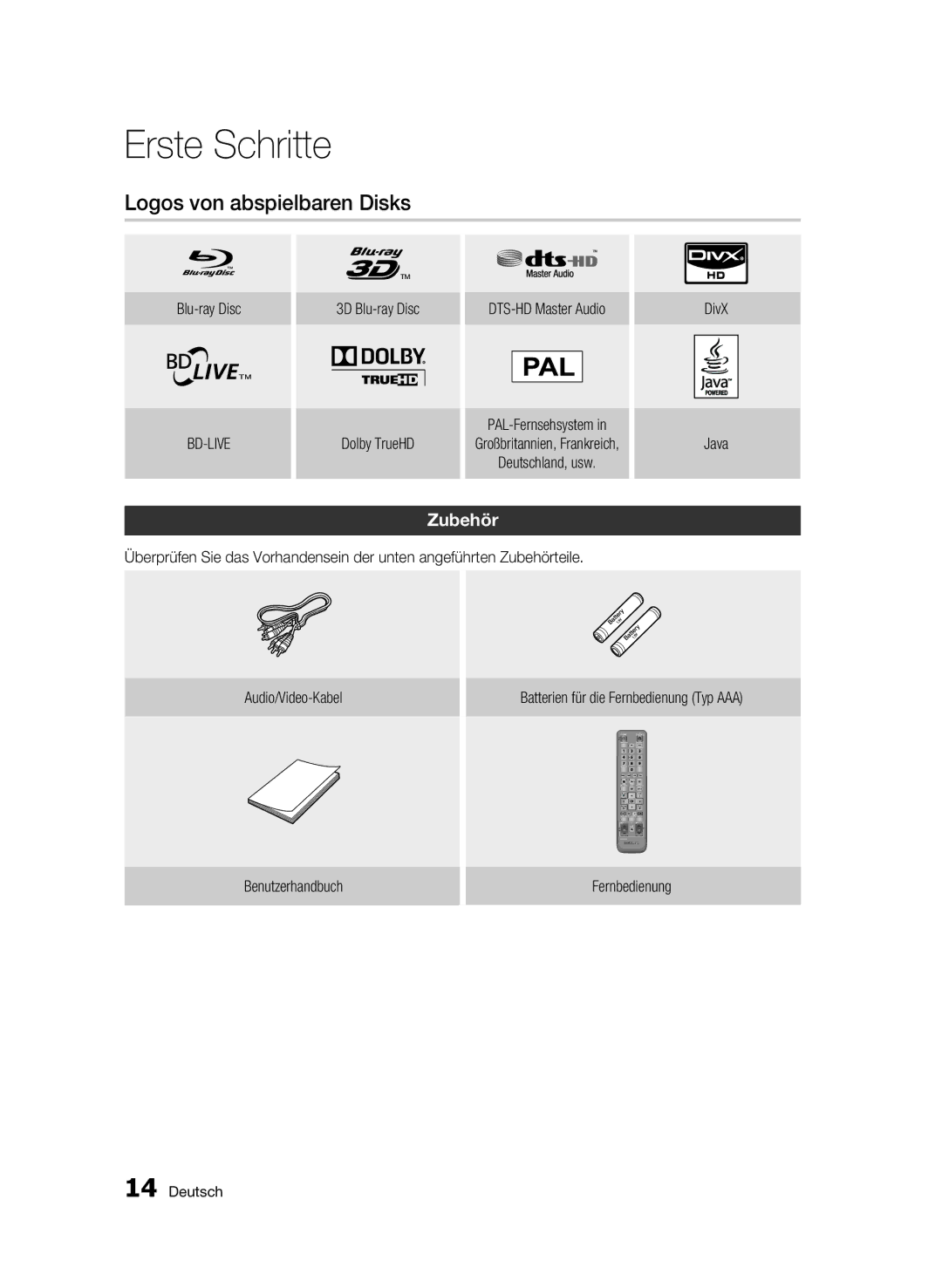 Samsung BD-C6900/EDC, BD-C6900/XEN, BD-C6900/XAA, BD-C6900/XEF, BD-C6900/XEE manual Logos von abspielbaren Disks, Zubehör 