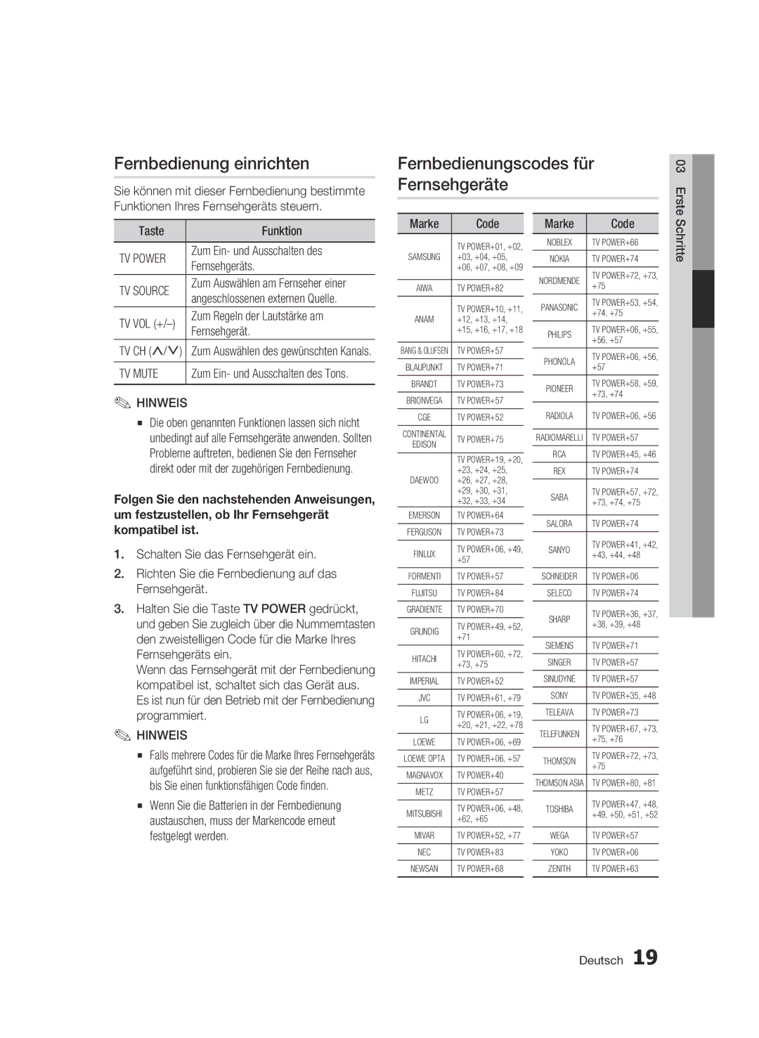 Samsung BD-C6900/EDC, BD-C6900/XEN, BD-C6900/XAA manual Fernbedienung einrichten, Fernbedienungscodes für Fernsehgeräte 