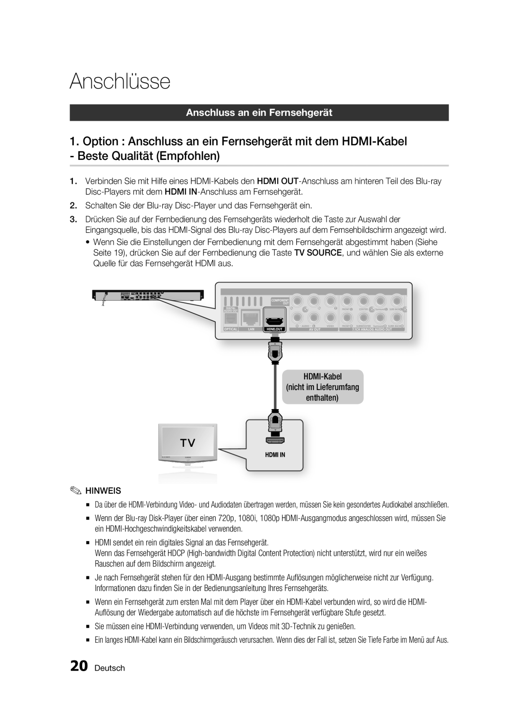 Samsung BD-C6900/XEN, BD-C6900/EDC, BD-C6900/XAA, BD-C6900/XEF, BD-C6900/XEE manual Anschlüsse, Anschluss an ein Fernsehgerät 