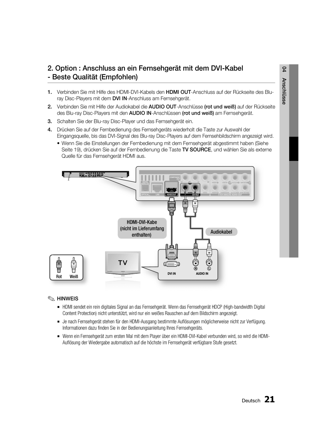 Samsung BD-C6900/XAA, BD-C6900/EDC, BD-C6900/XEN, BD-C6900/XEF, BD-C6900/XEE manual Audiokabel, Rot Weiß 