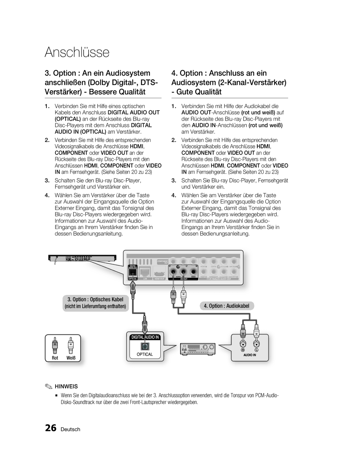 Samsung BD-C6900/XAA, BD-C6900/EDC, BD-C6900/XEN, BD-C6900/XEF, BD-C6900/XEE manual Option Audiokabel, Rot Weiß 