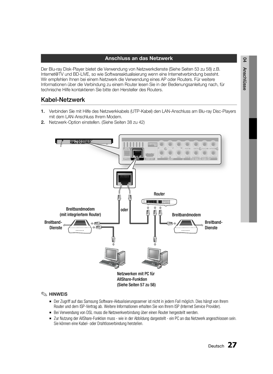 Samsung BD-C6900/XEF, BD-C6900/EDC, BD-C6900/XEN, BD-C6900/XAA Kabel-Netzwerk, Anschluss an das Netzwerk, Dienste, Breitband 