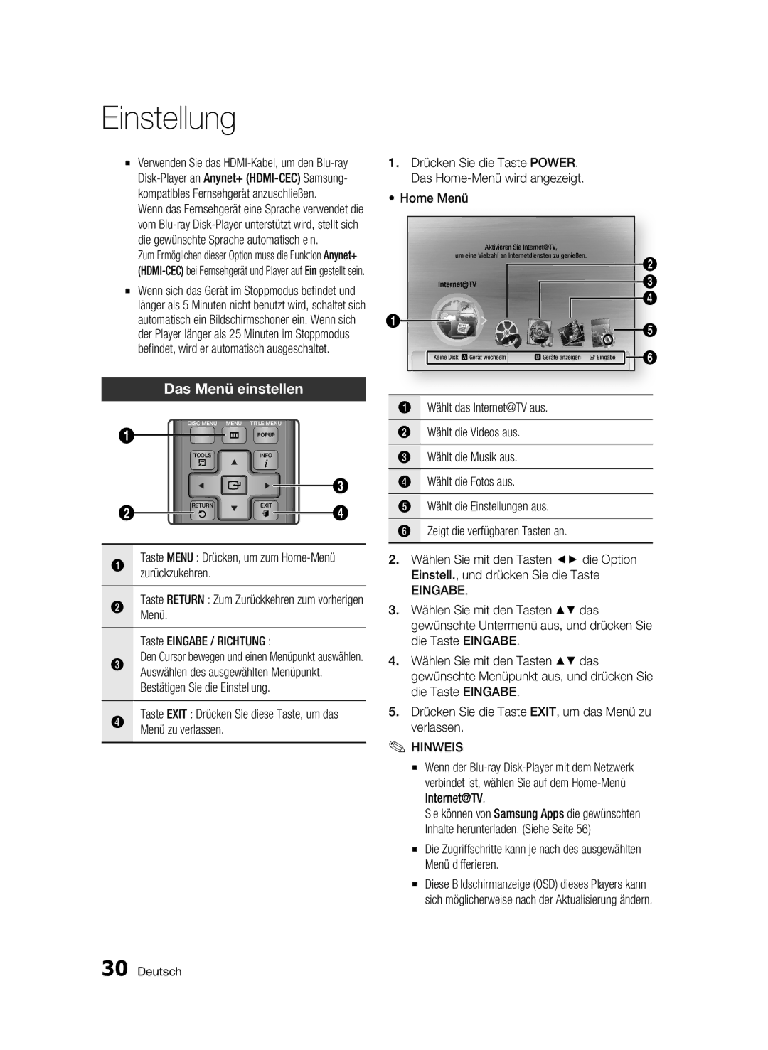 Samsung BD-C6900/XEN, BD-C6900/EDC, BD-C6900/XAA, BD-C6900/XEF, BD-C6900/XEE manual Das Menü einstellen, Home Menü, Eingabe 