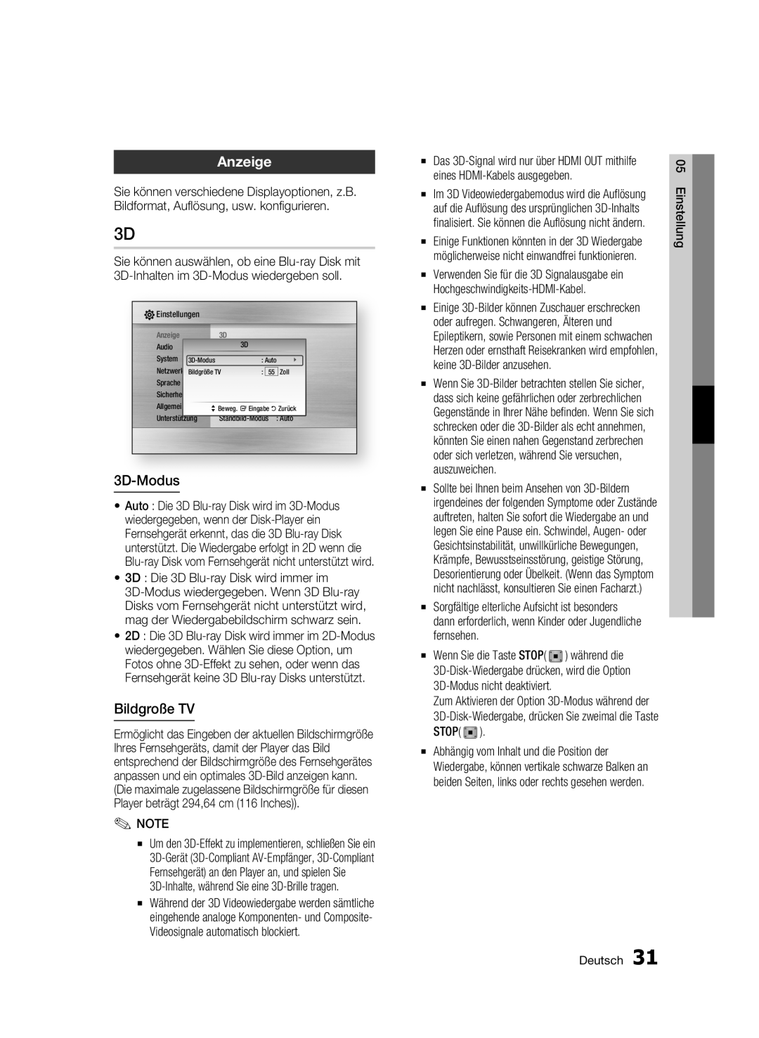 Samsung BD-C6900/XAA manual Anzeige, Bildgroße TV, 3D Die 3D Blu-ray Disk wird immer im, 3D-Modus nicht deaktiviert 