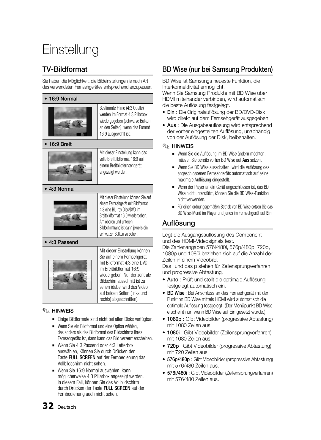 Samsung BD-C6900/XEF, BD-C6900/EDC manual TV-Bildformat, BD Wise nur bei Samsung Produkten, Auflösung, Breit, Passend 