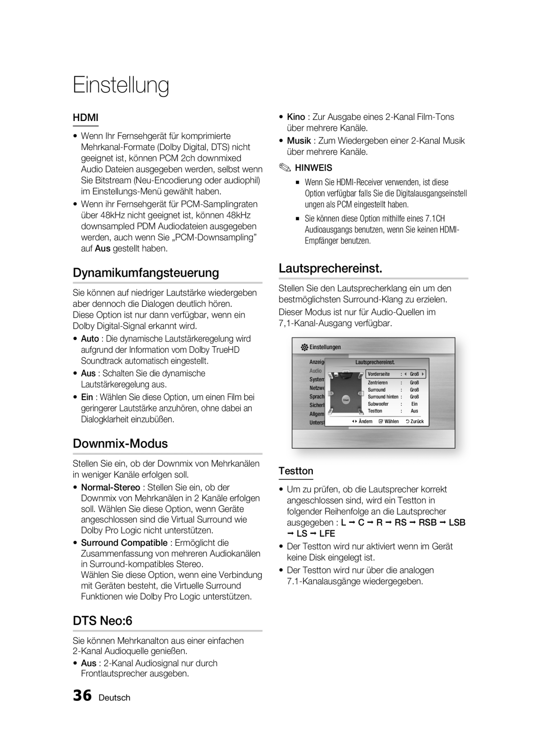 Samsung BD-C6900/XAA, BD-C6900/EDC, BD-C6900/XEN manual Dynamikumfangsteuerung, Downmix-Modus, Lautsprechereinst, Testton 