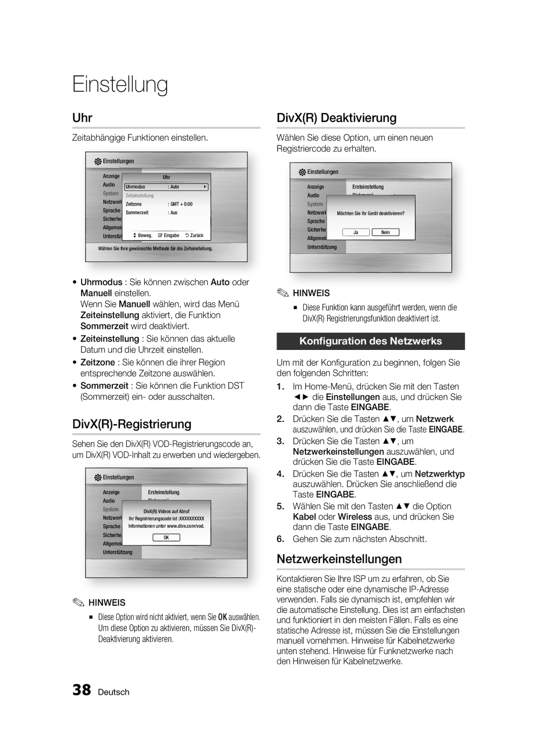 Samsung BD-C6900/XEE Uhr, DivXR-Registrierung, DivXR Deaktivierung, Netzwerkeinstellungen, Konfiguration des Netzwerks 