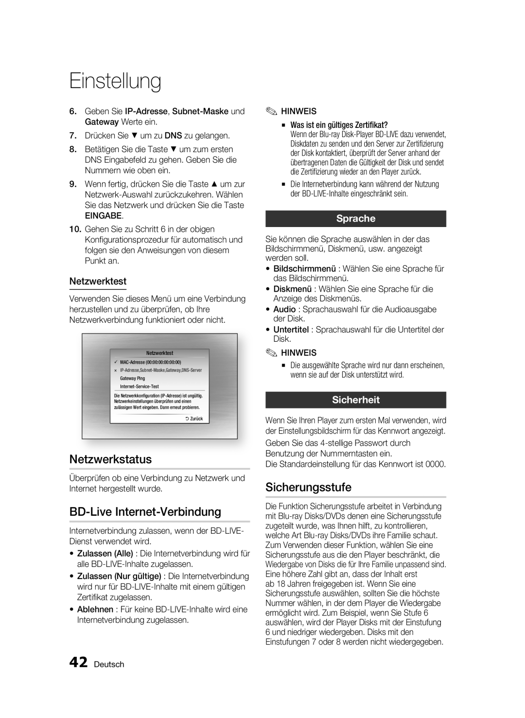 Samsung BD-C6900/XEF, BD-C6900/EDC manual Netzwerkstatus, BD-Live Internet-Verbindung, Sicherungsstufe, Sprache, Sicherheit 