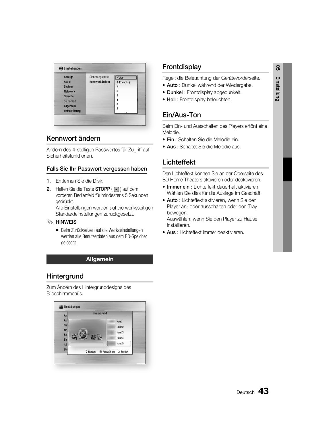 Samsung BD-C6900/XEE, BD-C6900/EDC, BD-C6900/XEN manual Kennwort ändern, Hintergrund, Frontdisplay, Ein/Aus-Ton, Lichteffekt 