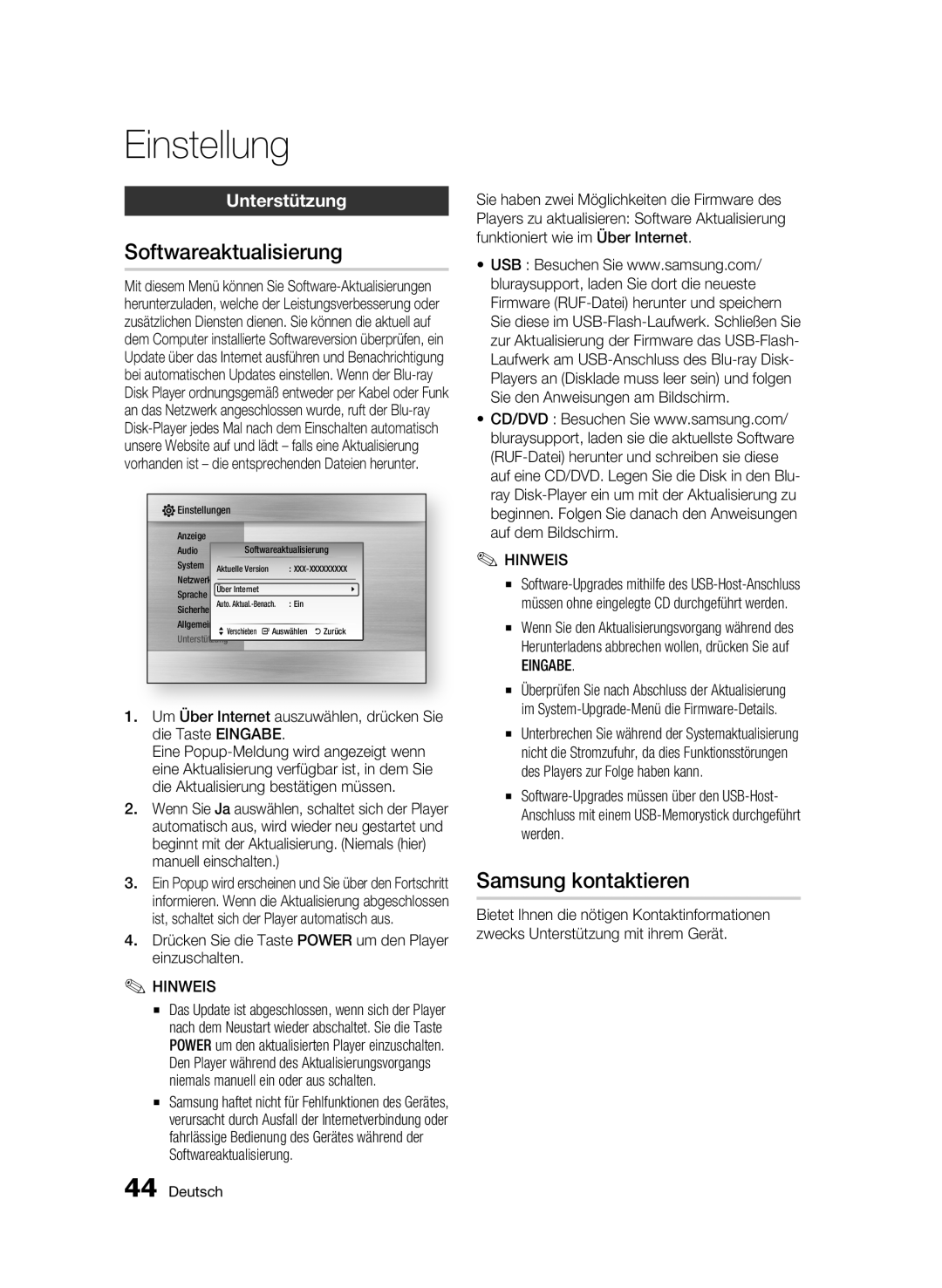 Samsung BD-C6900/EDC, BD-C6900/XEN, BD-C6900/XAA, BD-C6900/XEF Softwareaktualisierung, Samsung kontaktieren, Unterstützung 