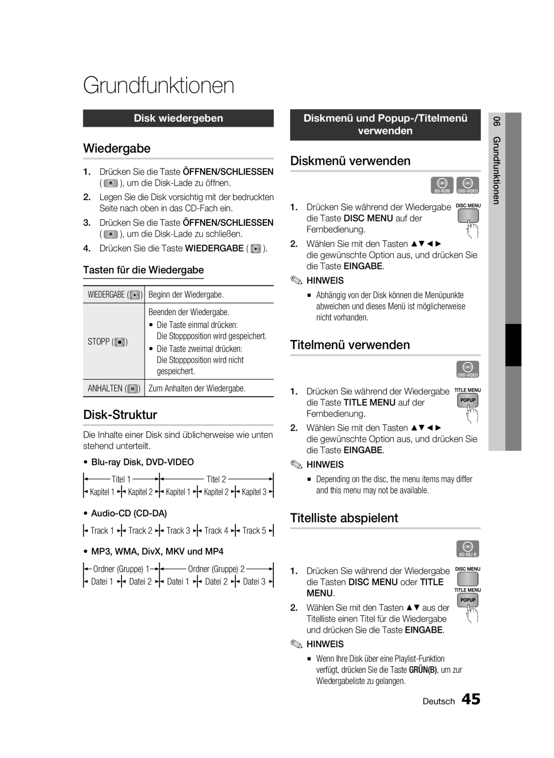 Samsung BD-C6900/XEN, BD-C6900/EDC, BD-C6900/XAA, BD-C6900/XEF, BD-C6900/XEE manual Grundfunktionen 